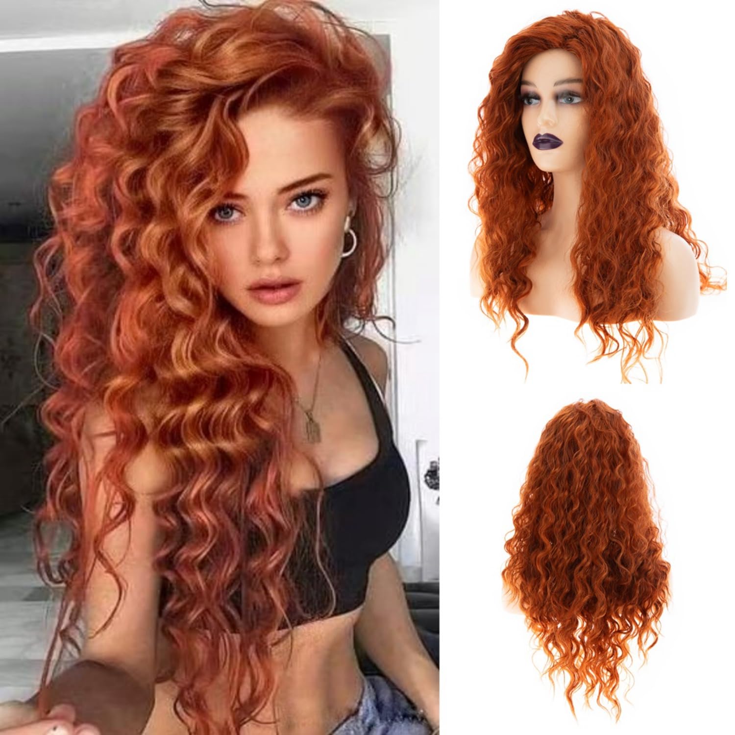 Wiwige Long Curly Wavy Orange Wig for Women Side Part Natural Looking Cosplay Synthetic Heat Resistant Replacement Wig, 25 inch