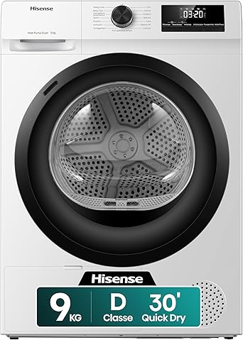 Hisense DHQE900UWDC Heat Pump Dryer, 9 kg, D, White, Big Display, 15 Programs, Refresh