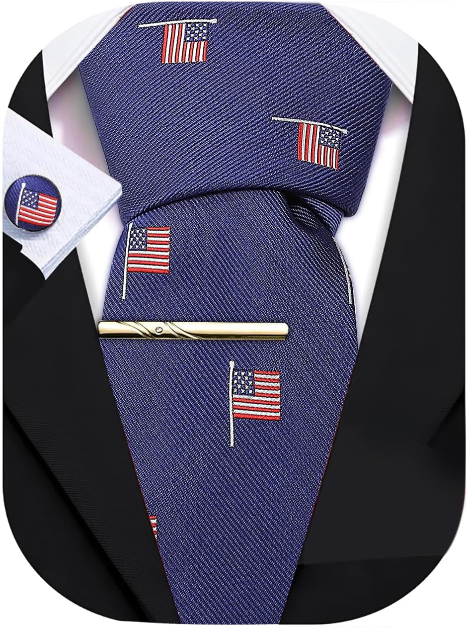 Patriotic Necktie and Pocket Square Set with Usa Flag Design for Men Formal Business and Independence Day Events