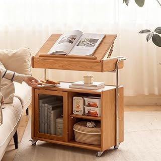 Solid Wood Side Table with Wheels, Flip Top Side Table with Storage, Mul...