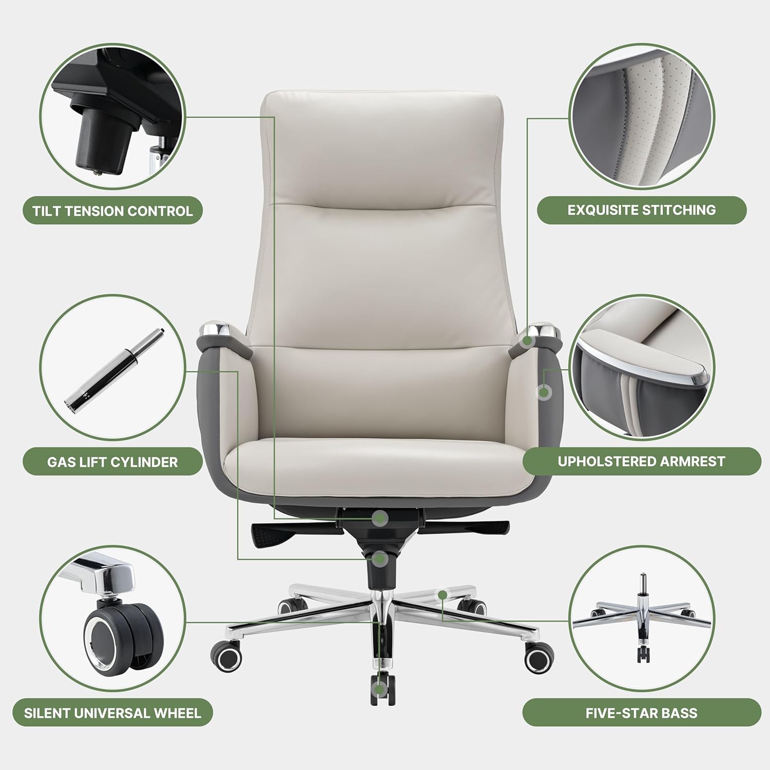 Exploded view of EUREKA ERGONOMIC Royal II chair components including base, gas lift, wheels, seat, backrest, and armrests.