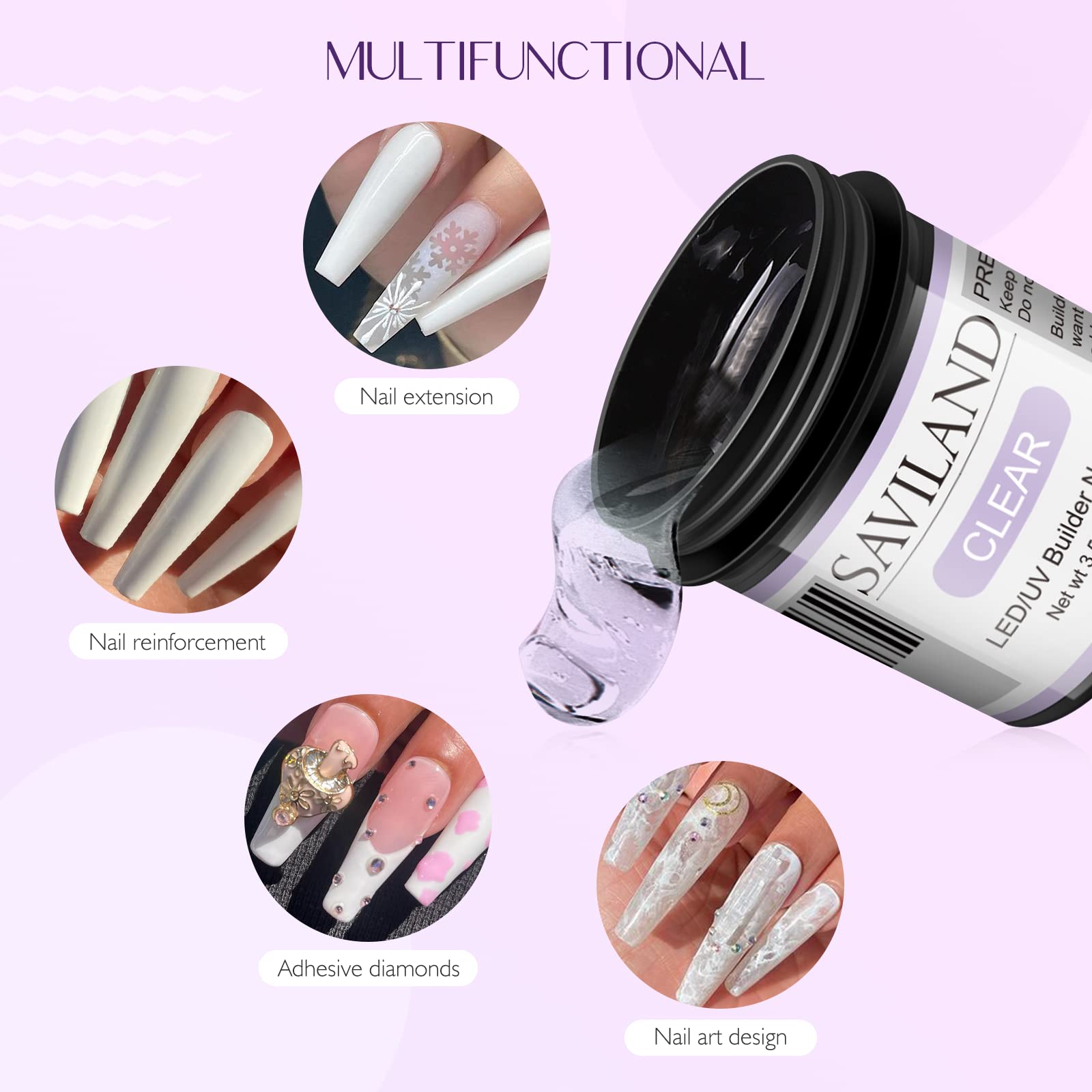 SAVILAND 2 x 100g Gel Ricostruzione Unghie Trasparente Nude 3.5 Once | Builder Gel per l'allungamento delle Unghie, 100 Formine per Unghie, Pennelli e Lime, per Saloni di Bellezza Professionali