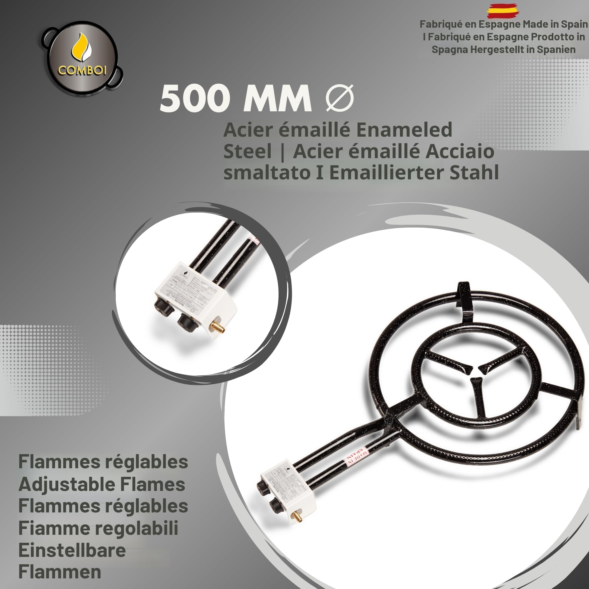 COMBOI Kit Réchaud à Paella Gaz Butane 50 cm, Poêle 60 cm + 42 cm, Support Pieds Renforcés, Niveau, Tablier, Livre de Recettes Numérique