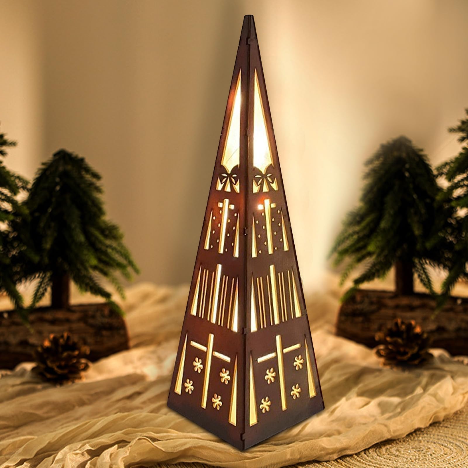 Wooden Christmas Pyramid Lantern - LED Christmas Lantern with Warm White Light | Lantern Christmas Indoor & Outdoor | Festive Wooden Decoration for Your Home (Gift Box Style)
