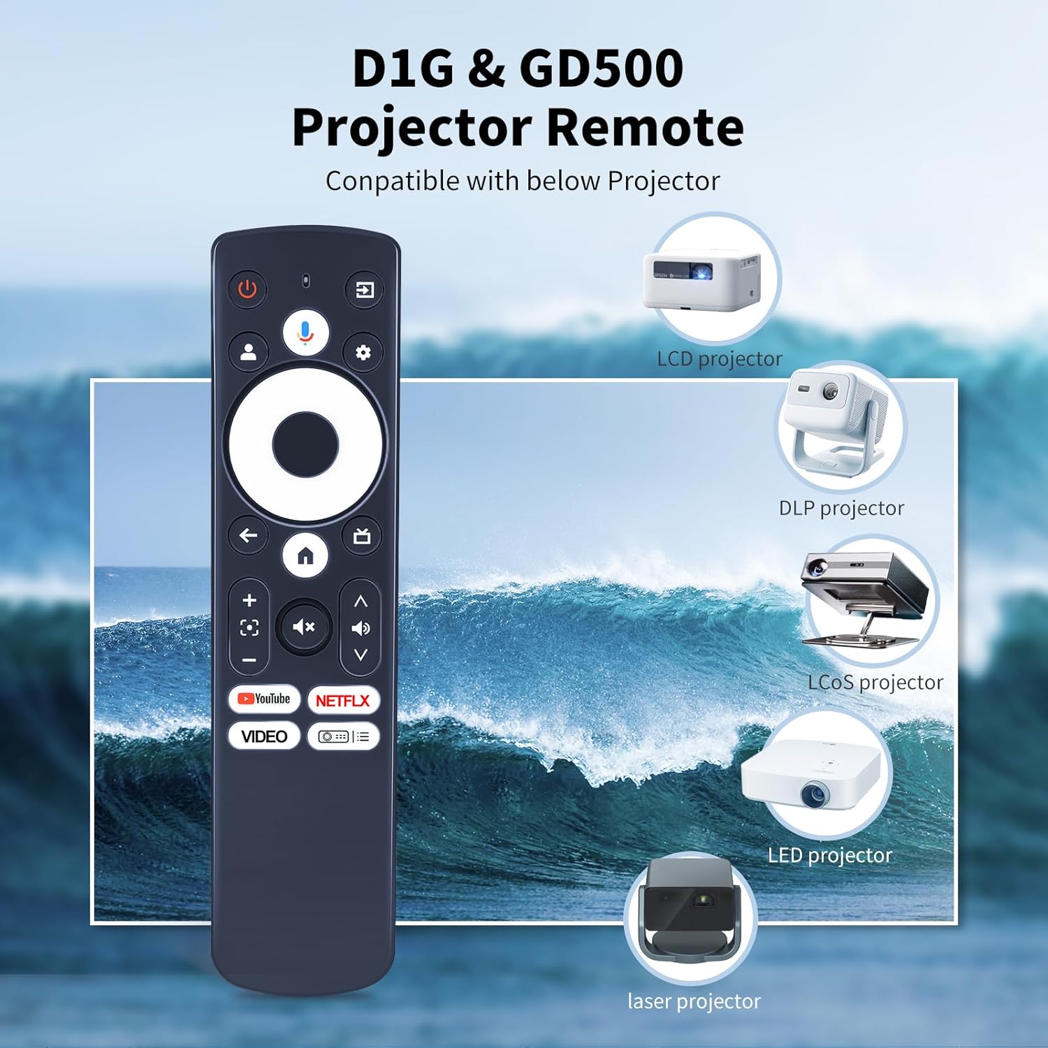 New Replacement Remote Control fit for Aurzen EAZZE D1G Google TV 4K Supported Smart Projector, for GooDee 4K GD500 Plus, WiMiUS G1 Projector