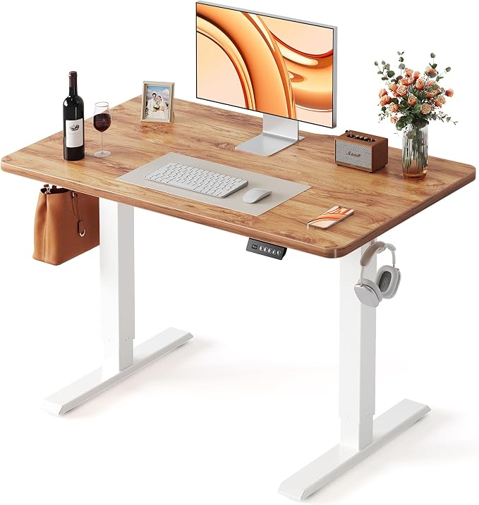 FEZIBO Standing Desk, 48 × 24 Inches Electric Height Adjustable, Sit and Stand Up, Computer Office Desk with Splice Board, White Frame/Maple TOP