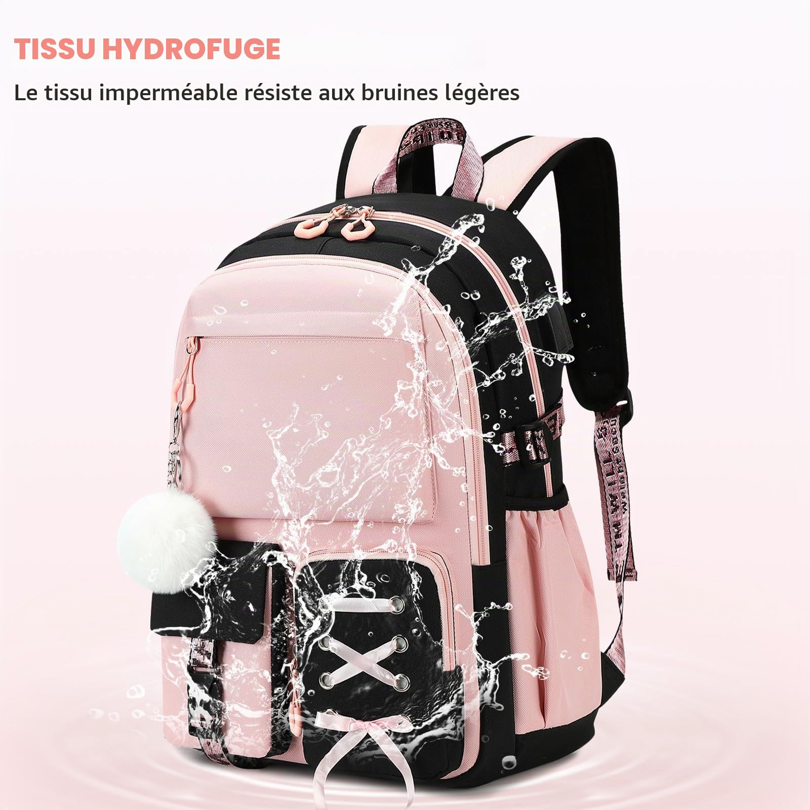 Ensemble Cartable Fille Primaire Collège 2 Pièces, Noir-Rose, 25L