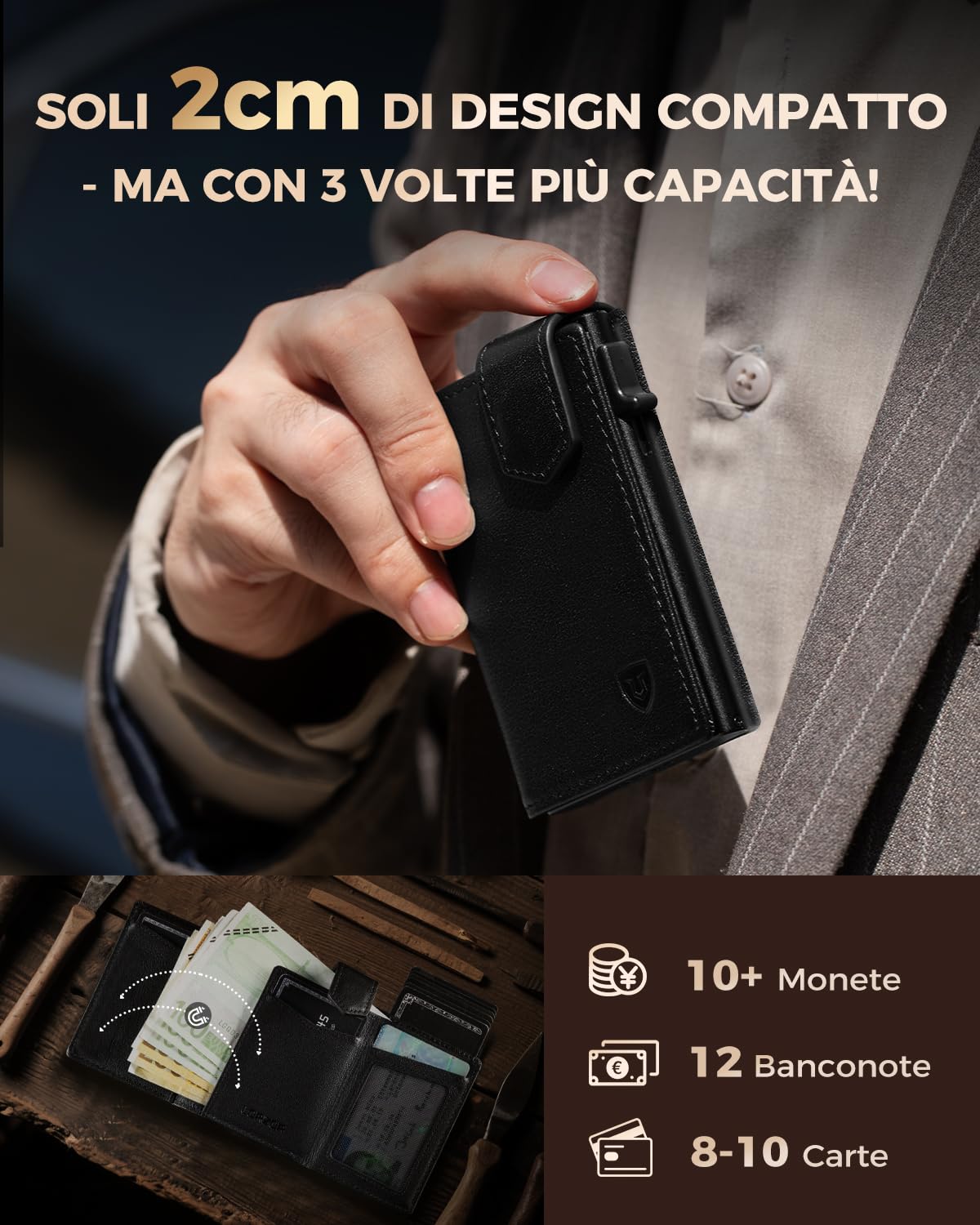LORZOR Portacarte Uomo con Portamonete XXL, Portafoglio Uomo Slim con Chiusura Magnetica, Porta Tessere Tascabile, Porta Carte di Credito in Pelle con Protezione RFID, Wallet Pop-up per 10 Carte