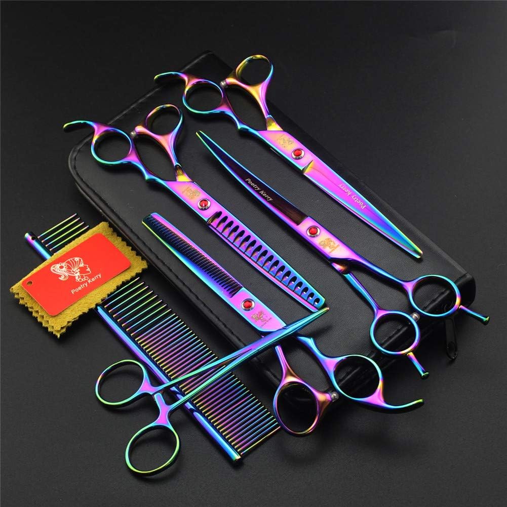7 inches purple Stainless Steel Pet Dog Cat Hairdressing Scissor 4 Set,Provided With Curved Thinning Shear and Fish bone scissors Comb and hemostat(Colorful)