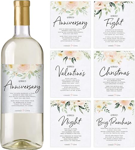 Printed Party Hitos matrimoniales, Primeros de boda floral, 6 etiquetas para botellas de vino