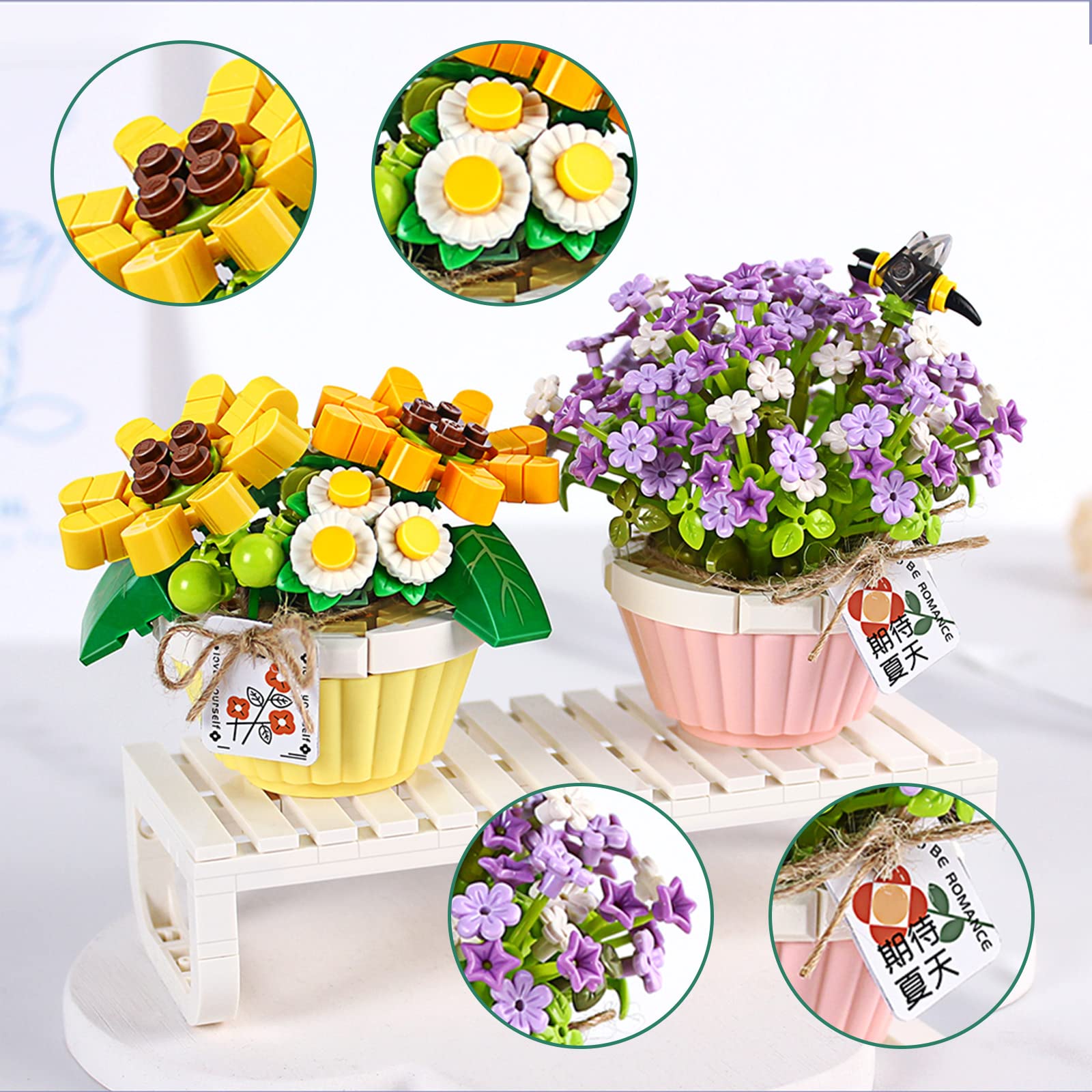 MEIEST Mini Building Blocks Bonsai Plant Model Set,2 in 1 Creative DIY Simulation Particle Flower Succulent Botanical Collection Construction Building Bricks Toy,Home Decor (Summer) - Image 3