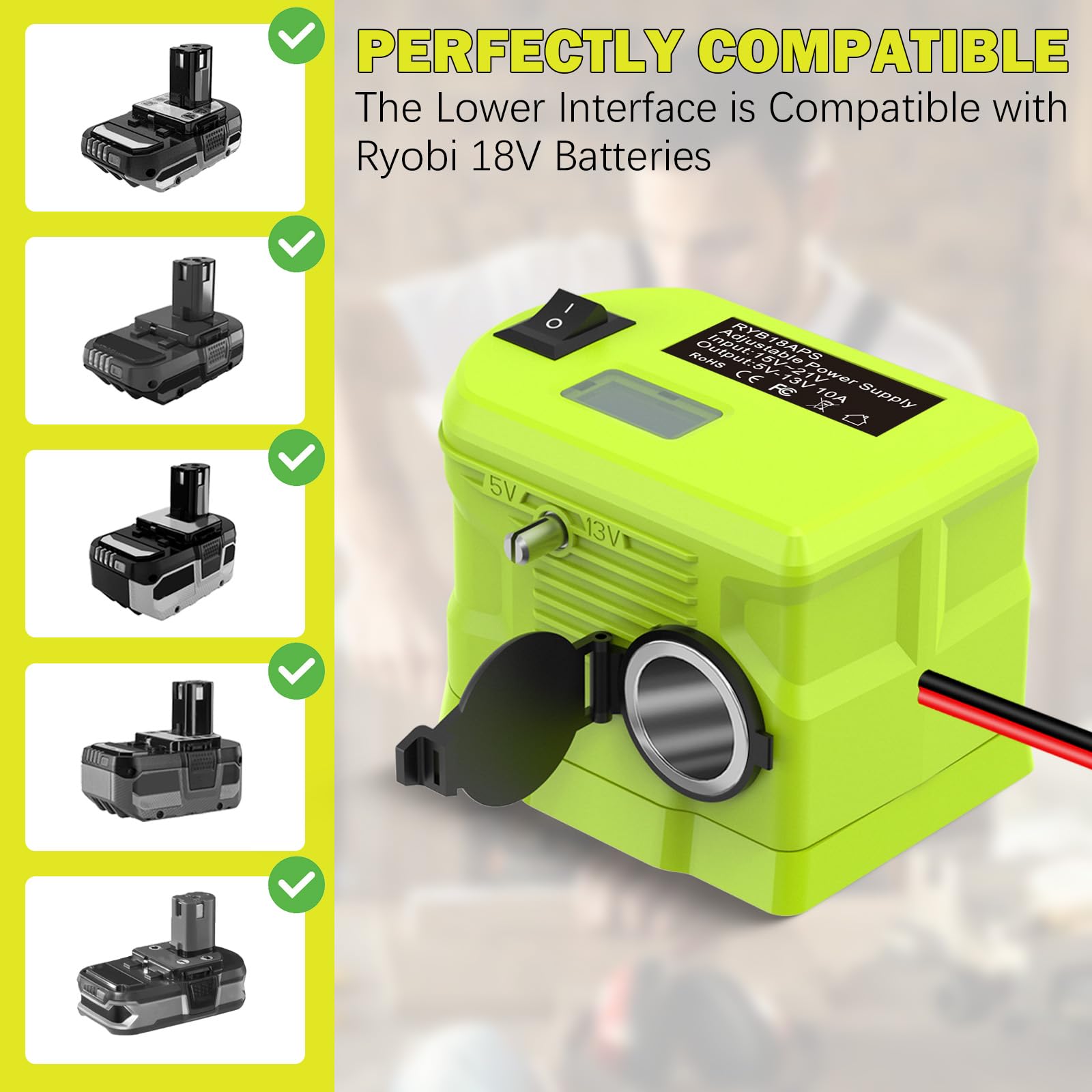 Convertidor reductor para batería Ryobi de 18 V, adaptador de batería de ruedas eléctricas, adaptador de enchufe para encendedor de cigarrillos, adaptador de bricolaje, regulador de voltaje