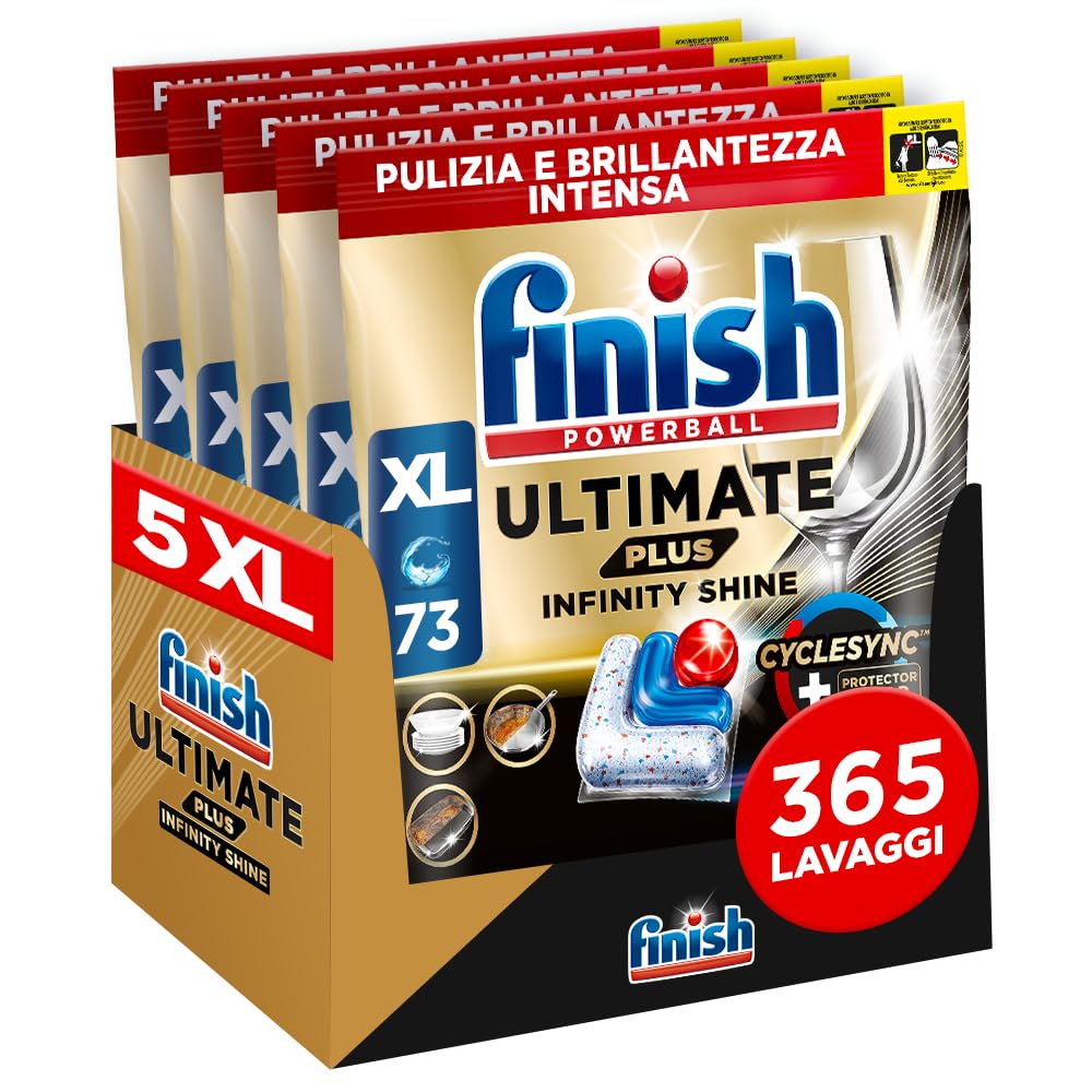 Finish Ultimate PLUS Infinity Shine Pastiglie Lavastoviglie, 365 Capsule, per Lavastoviglie con Scudo Protettivo contro lo Sporco e i Residui Incrostati