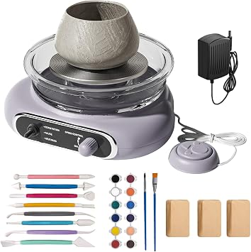 cjc 3-Speed Adjustable Electric Pottery Wheel Kit - 4.7" Dual-Direction Turntable Clay Spinner with Foot Pedal, 8 Sculpting Tools &12 Paints, Complete Air-Dry Clay Art Set for BeginnersLight Purple