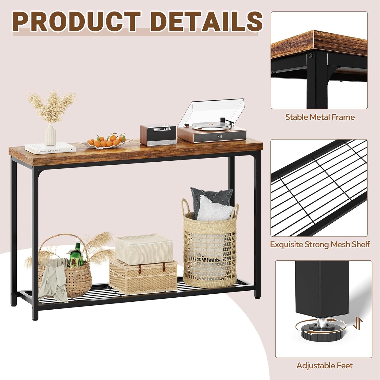 47" Console Table with 2-Tier Storage, Industrial Narrow Entryway Table, Sofa Table Behind Couch for Hallway, Foyer & Living Room, Sturdy Metal Frame, Rustic Brown