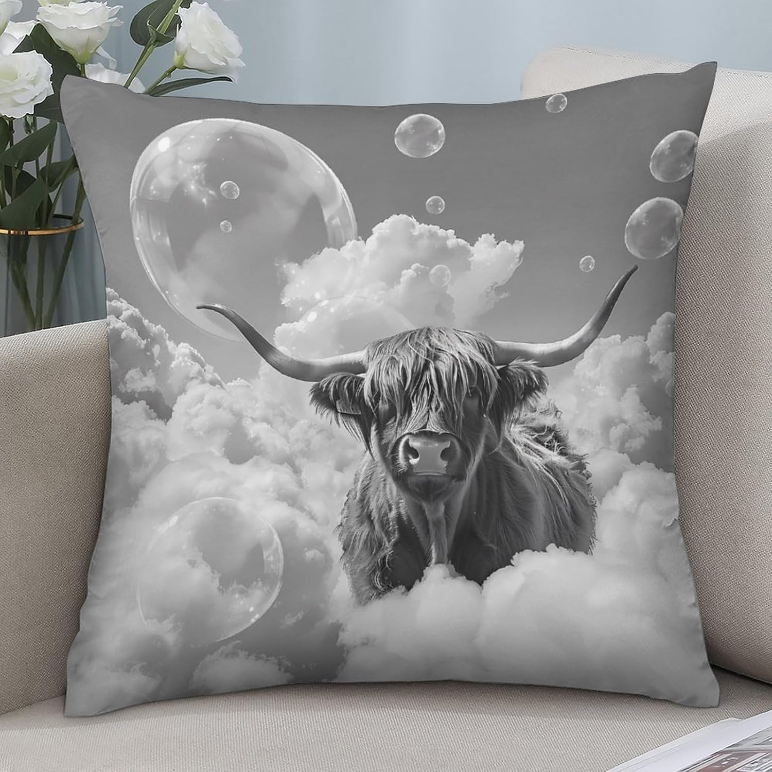 Highland Cow Bubbles Black White Printed Throw Pillow Case 4 Pcs Soft Pillowcases Pillows Covers Sofa Bed Decor 12/14/16/17/18/20/22/24/32 Inches