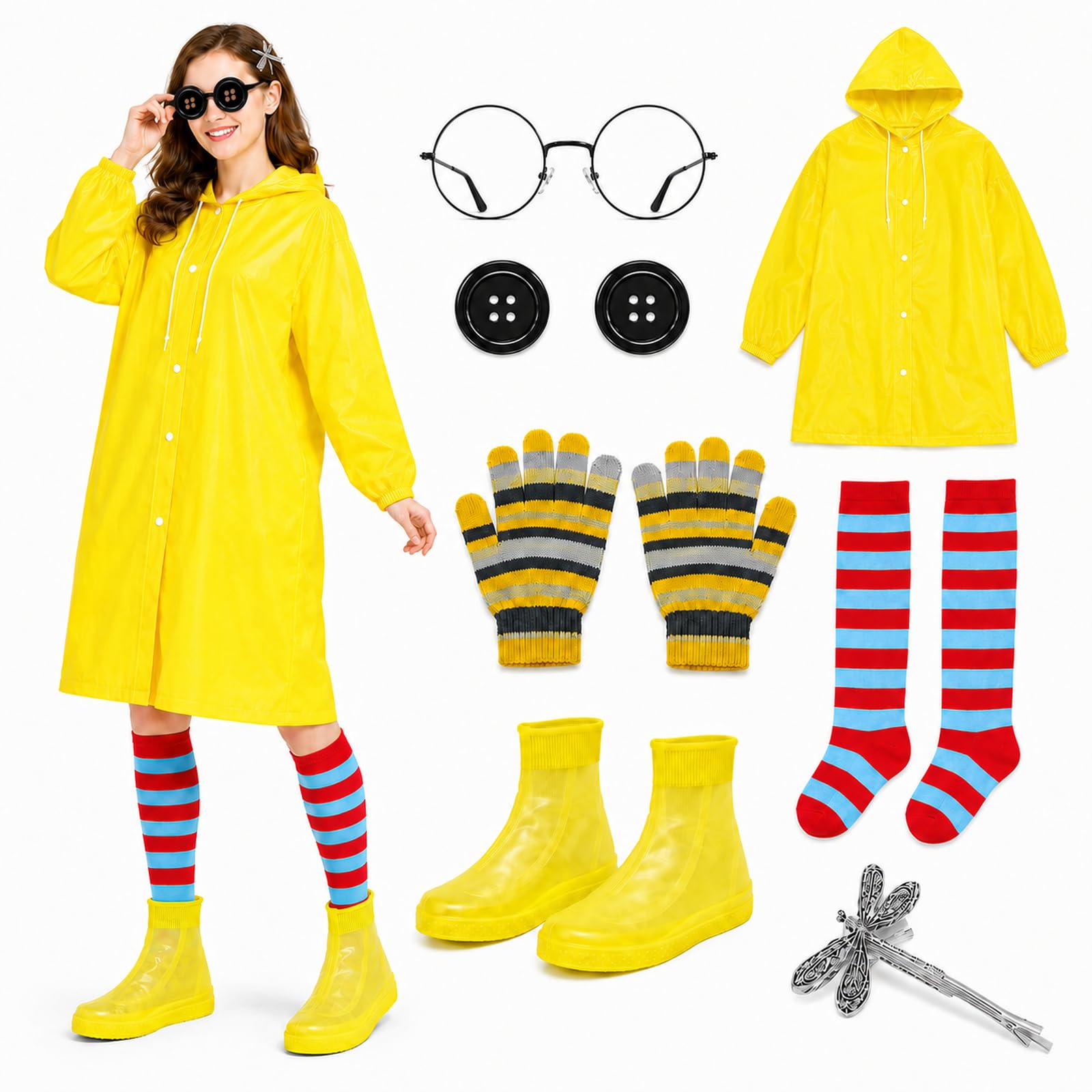 Halloween Women's Raincoat Costume Set Yellow Raincoat Button Glasses Dragonfly Hair Clip Socks for Movie Anime Cosplay Party