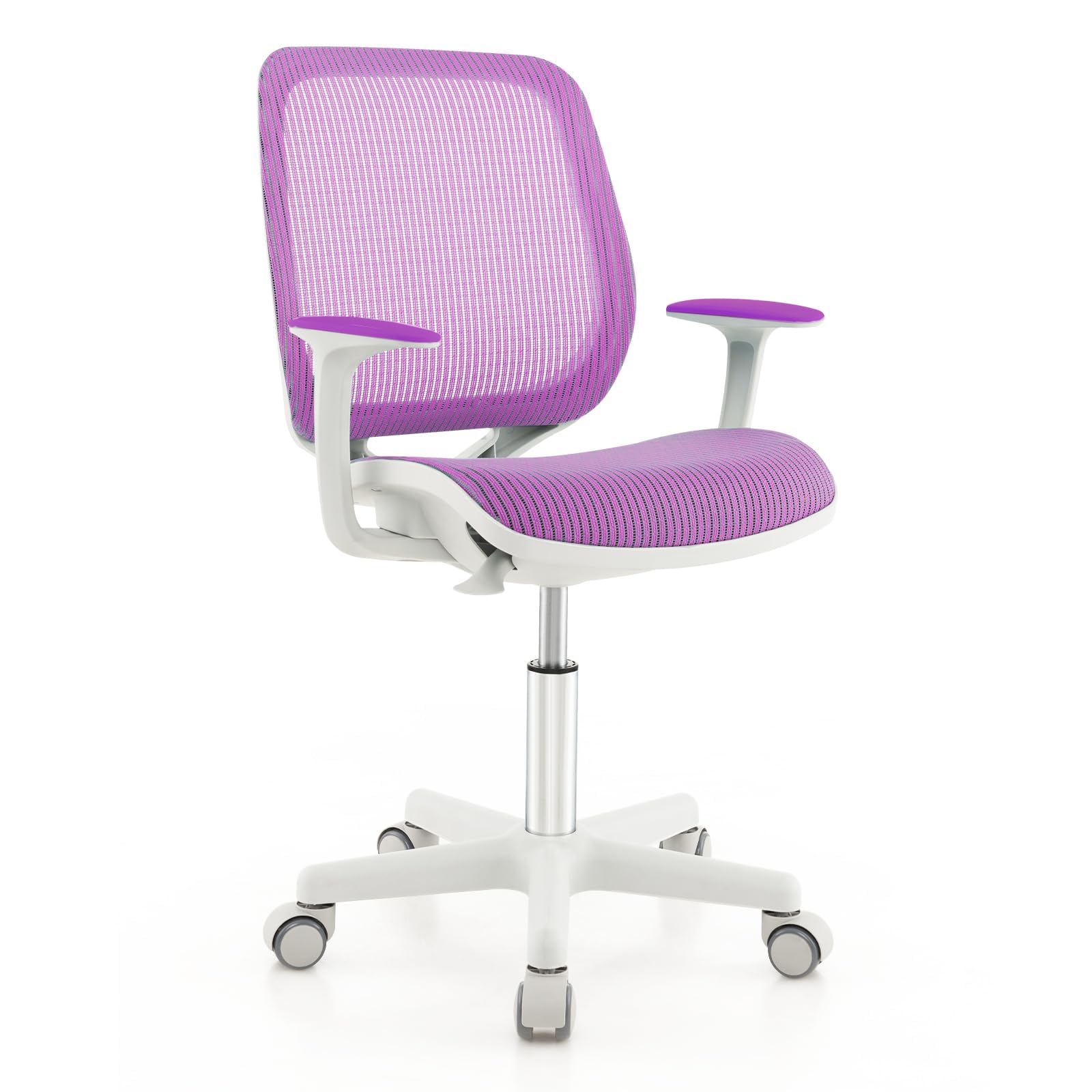 COSTWAY Kinder Schreibtischstuhl 360° drehbar, Sitzhöhe 43-55cm höhenverstellbar, Kinderdrehstuhl ergonomisch mit Rollen, Bürostuhl mit Rückenlehnen & Armlehnen für Kinder ab 6 Jahren (Lila)