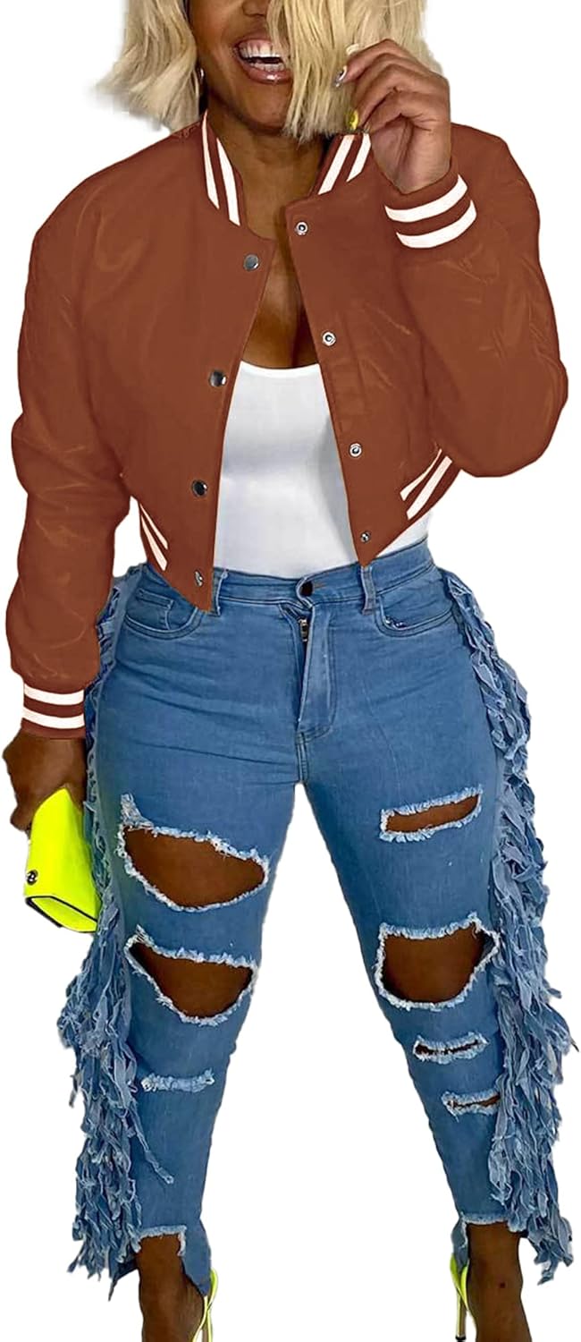 Doweha Women Faux Leather Jacket Light Moto Bomber Jackets Cropped Letterman Baseball Jacket Fall Coat with Pockets