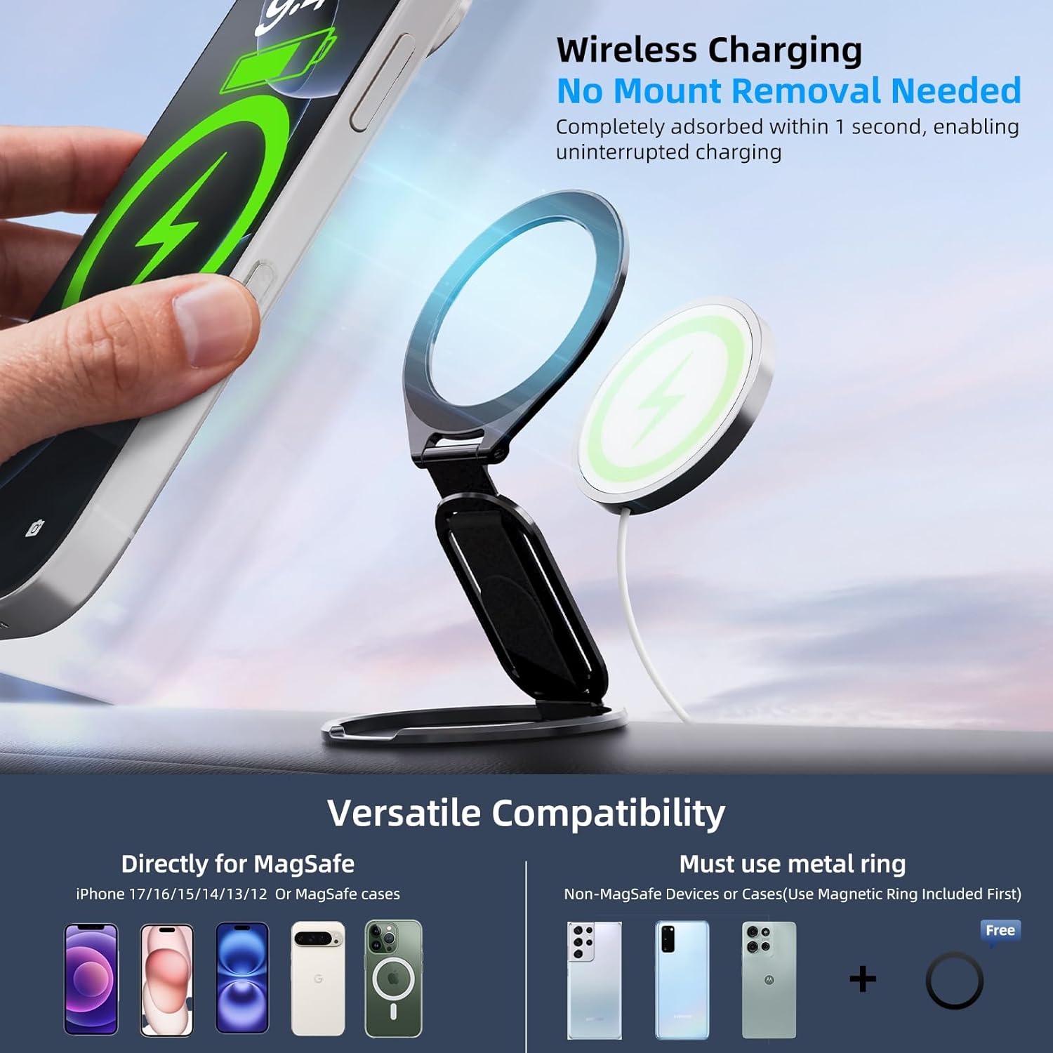 Compatible with MagSafe Phone Grip with Phone Ring Holder, All-in-ONE Cell Phone Grips Compatible with Wireless Charging, Strong Magnetic Phone Grip for iPhone 17/16/15/14/13/12 Series