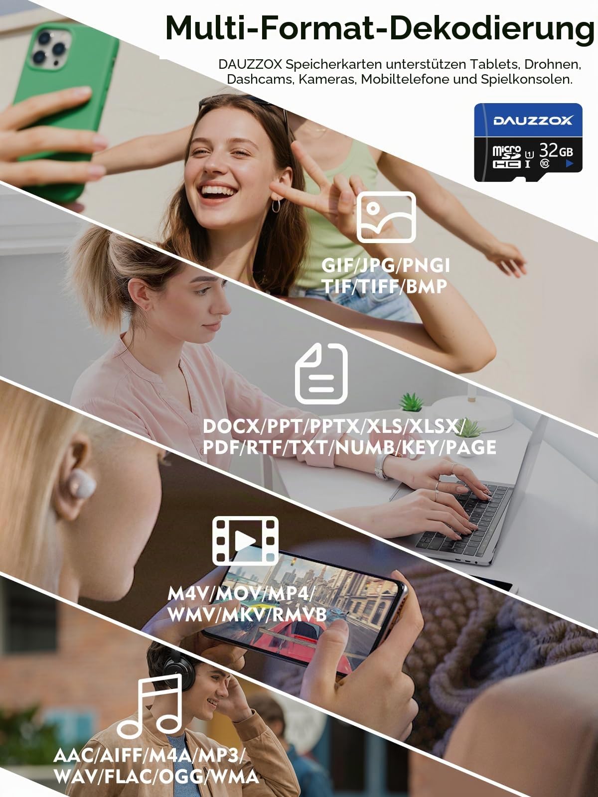 2er-Pack 32 GB Micro SD Karte, DAUZZOX MicroSDHC U1 C10 UHS-I TF Karte, Bis zu 80 MB/s, Speicherkarte Micro SD für Smartphone, Kamera, Überwachungsgeräte, Dash Cam, mit 2 Adapters