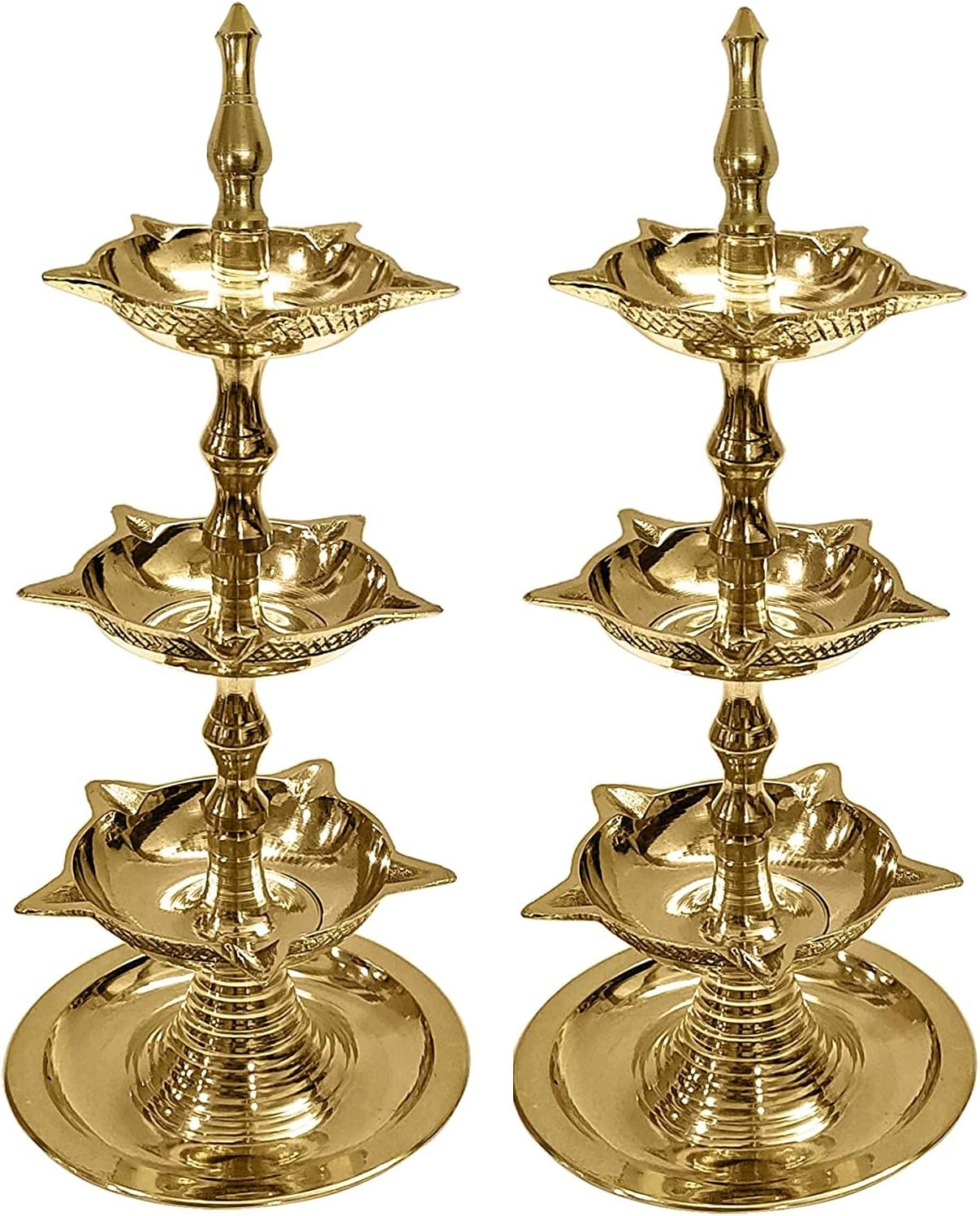 SATVIK 2Pc Standing Brass Kerala Samai Diwali Deepak for Puja Traditional Panchmahal Pooja Deepam Diya Oil Lamp Kutthu Vilakku Dia 3 in 1 Step Adjustable 8.5 inch Deepawali Indian Gift Item