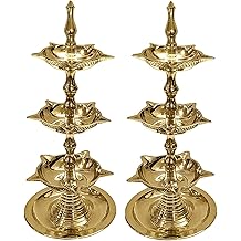 SATVIK 2Pc Standing Brass Kerala Samai Diwali Deepak for Puja Traditional Panchmahal Pooja Deepam Diya Oil Lamp Kutthu Vilakku Dia 3 in 1 Step Adjustable 8.5 inch Deepawali Indian Gift Item