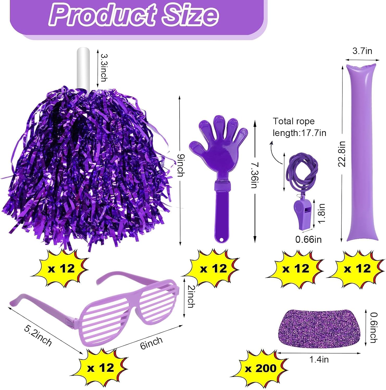 148 Pcs Team Spirit Accessories,Cheerleading Pom Poms Hand Clappers Noisemakers Whistles Shutter Glasses Eye Black Sticker for Sports Events Football Baseball School image 2