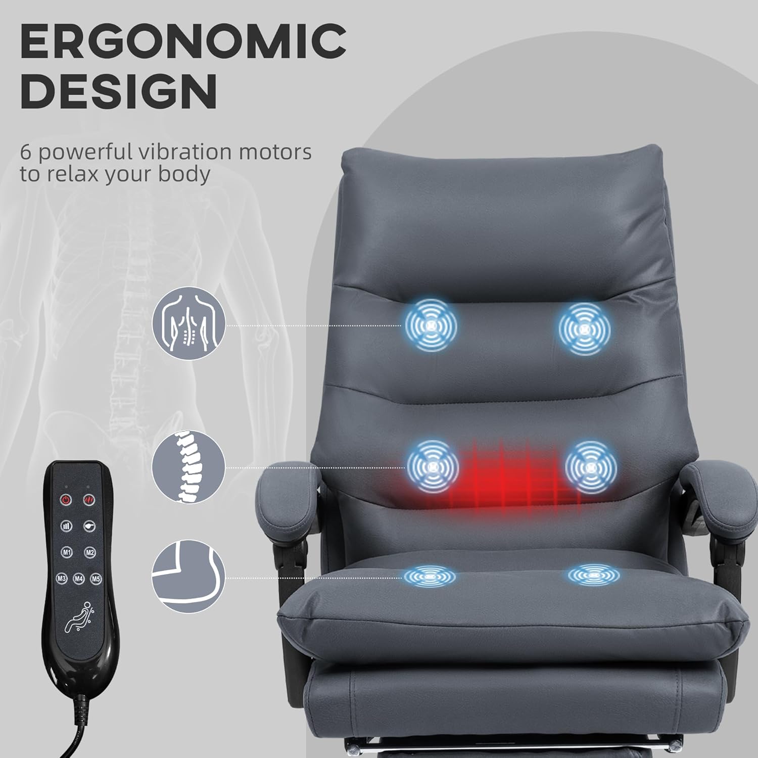 Diagram showing the ergonomic design of the Vinsetto chair with six vibration motors and a remote control for massage and heat functions.