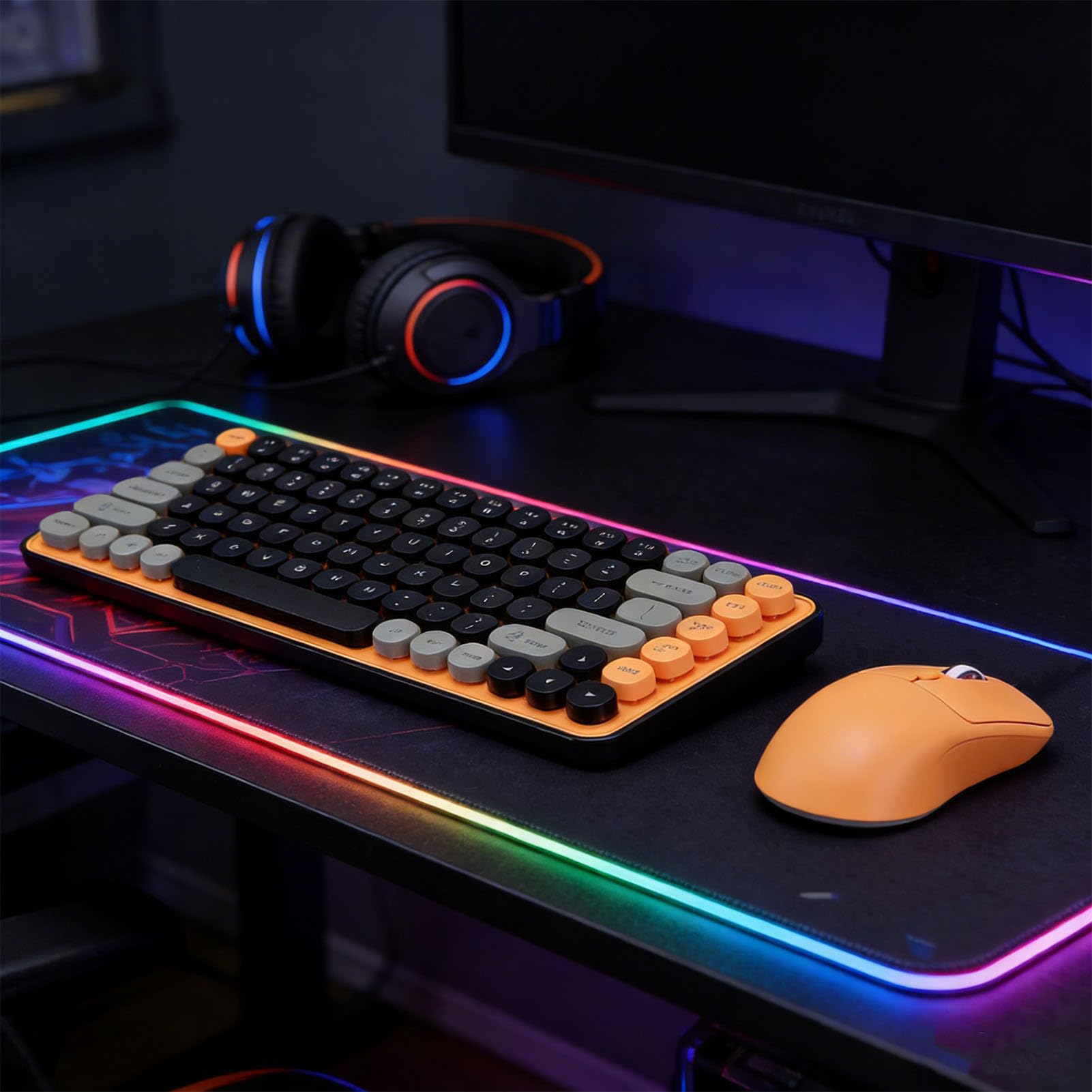PUSOKEI Combinazione Tastiera e Mouse Wireless, Tastiera da Gioco Meccanica Stile Macchina da Scrivere a 85 Tasti con Copritasti Rotondi, 2,4 GHz e Bluetooth, Design Ergonomico per PC