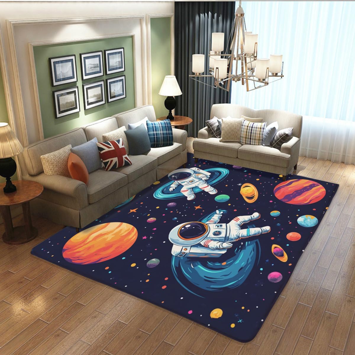 Solar System Astronaut Rug - Two Astronauts Rug in Galaxy Planet Space, Suitable for Children Boys Bedroom Living Room Game Room Home Decor Cartoon Rug Dark Blue Machine Washable 40x60inch