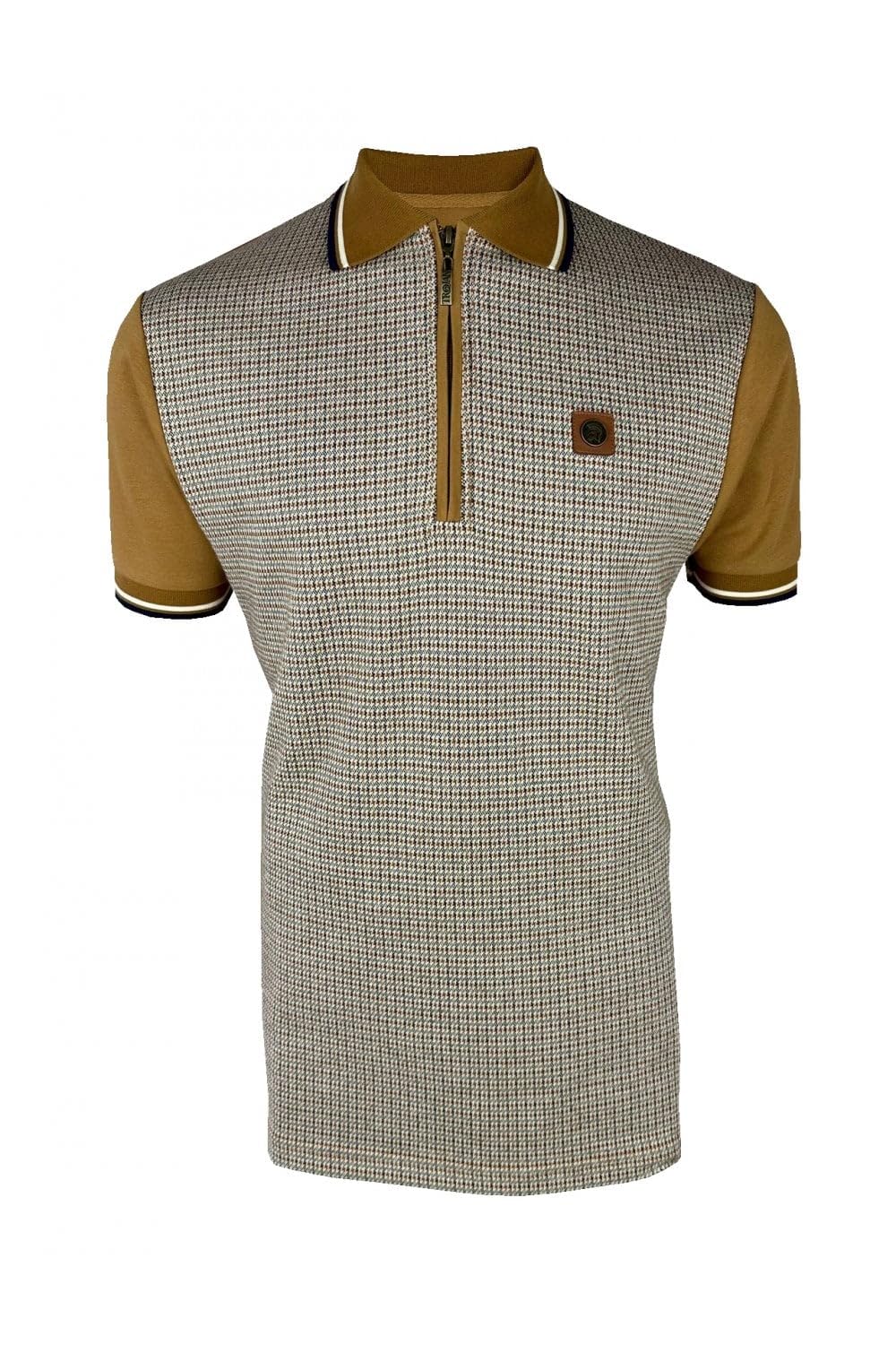 Trojan Men's Tan Mini Houndstooth Zip Panel Short-Sleeve Polo Shirt - Tr/9071