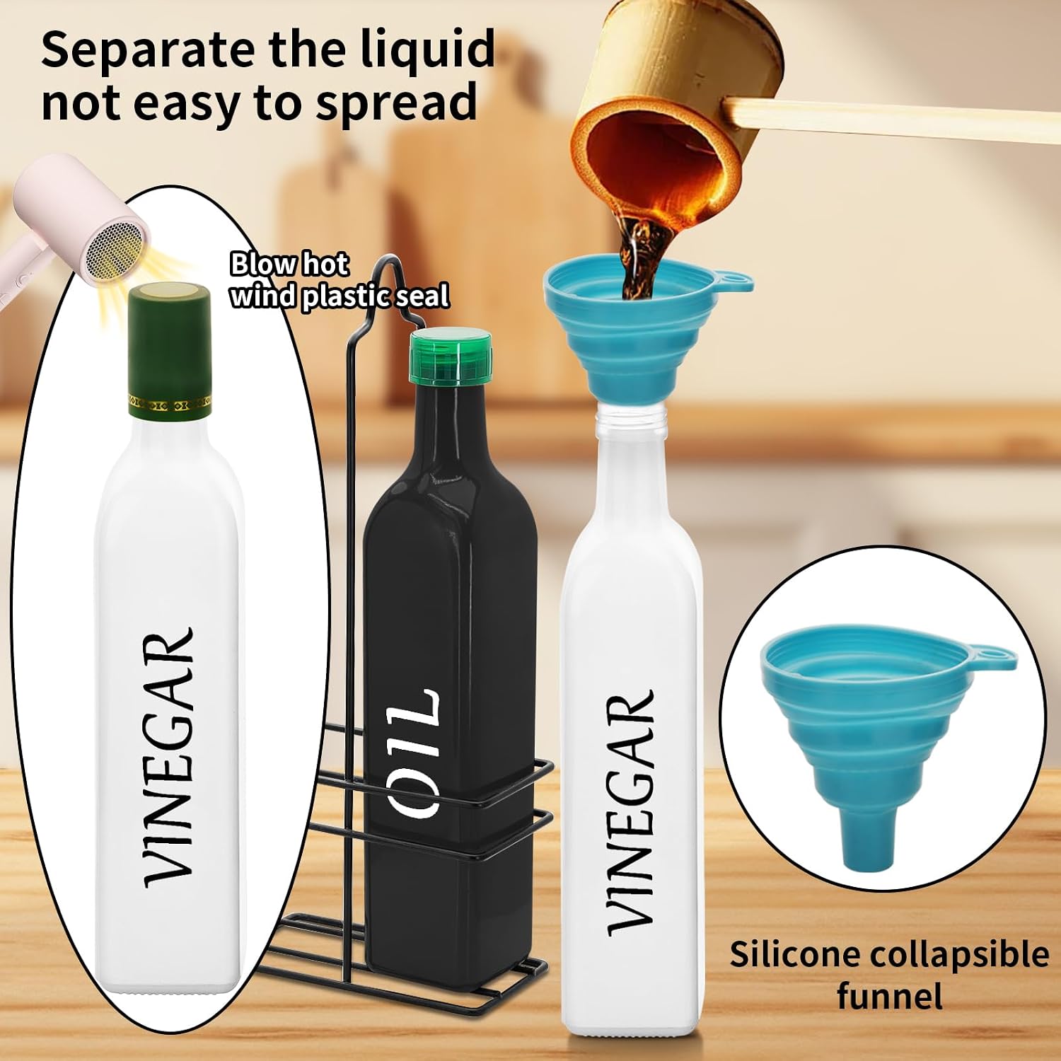 Farmhouse Oil and Vinegar Dispenser Set, 17 oz, beautiful olive oil dispenser, includes a black steel rack and a funnel, vintage cruets for vinegar and oil (Black Oil & White Vinegar)