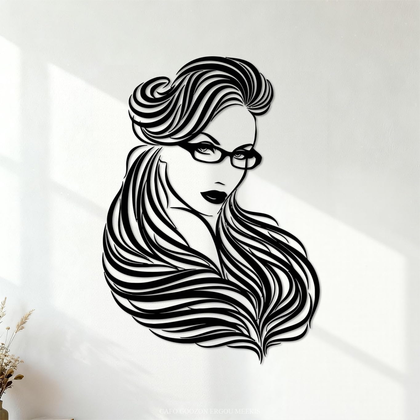 Wall Vinyl Sticker Decor Girl Glasses Long Hair Beautiful Woman Beauty 68x96.5cm Removable Without Leaving Glue Black