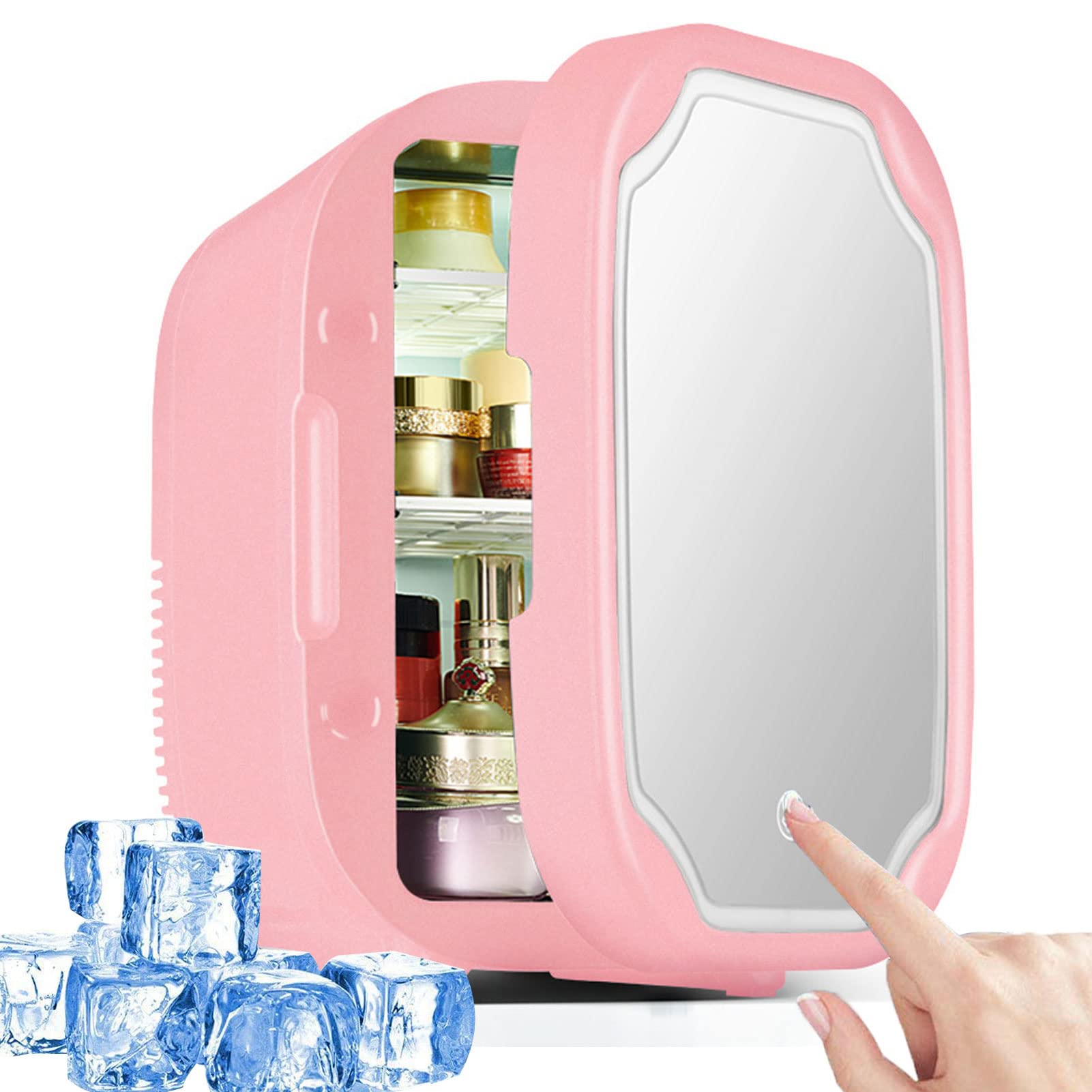 Mini Frigo per Skincare, Portatile Frigorifero Elettrico Cosmetico 8L di capacità con Specchio per Trucco a LED, AC/DC, con Funzionamento di Raffreddamento e Riscaldamento(Color:Rosa)