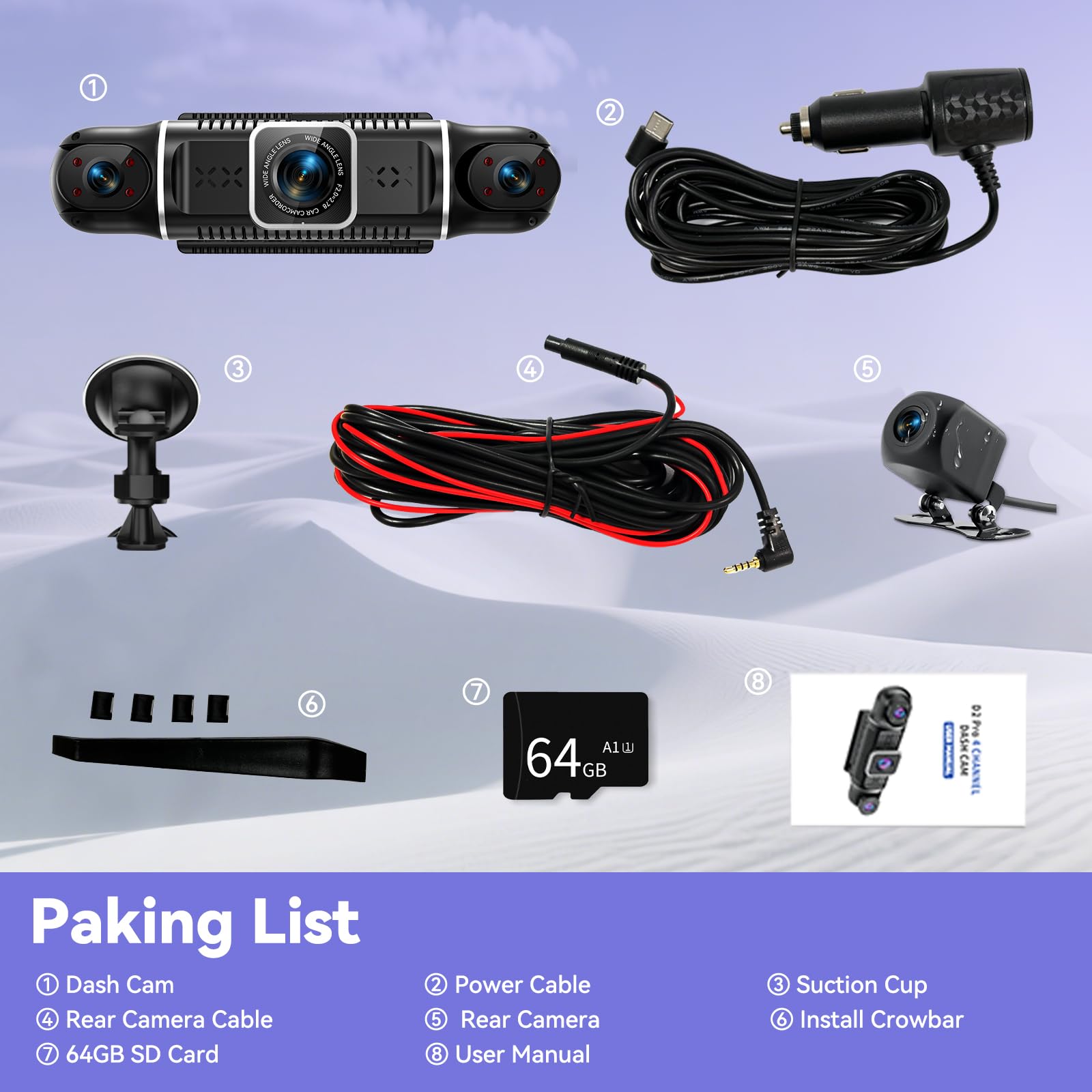 4K Dashcam Auto vorne hinten 4 Kanal mit 3" IPS-Bildschirm, 64-GB-Karte, Parküberwachung, WDR-Nachtsicht, G-Sensor, Loop-Aufnahme