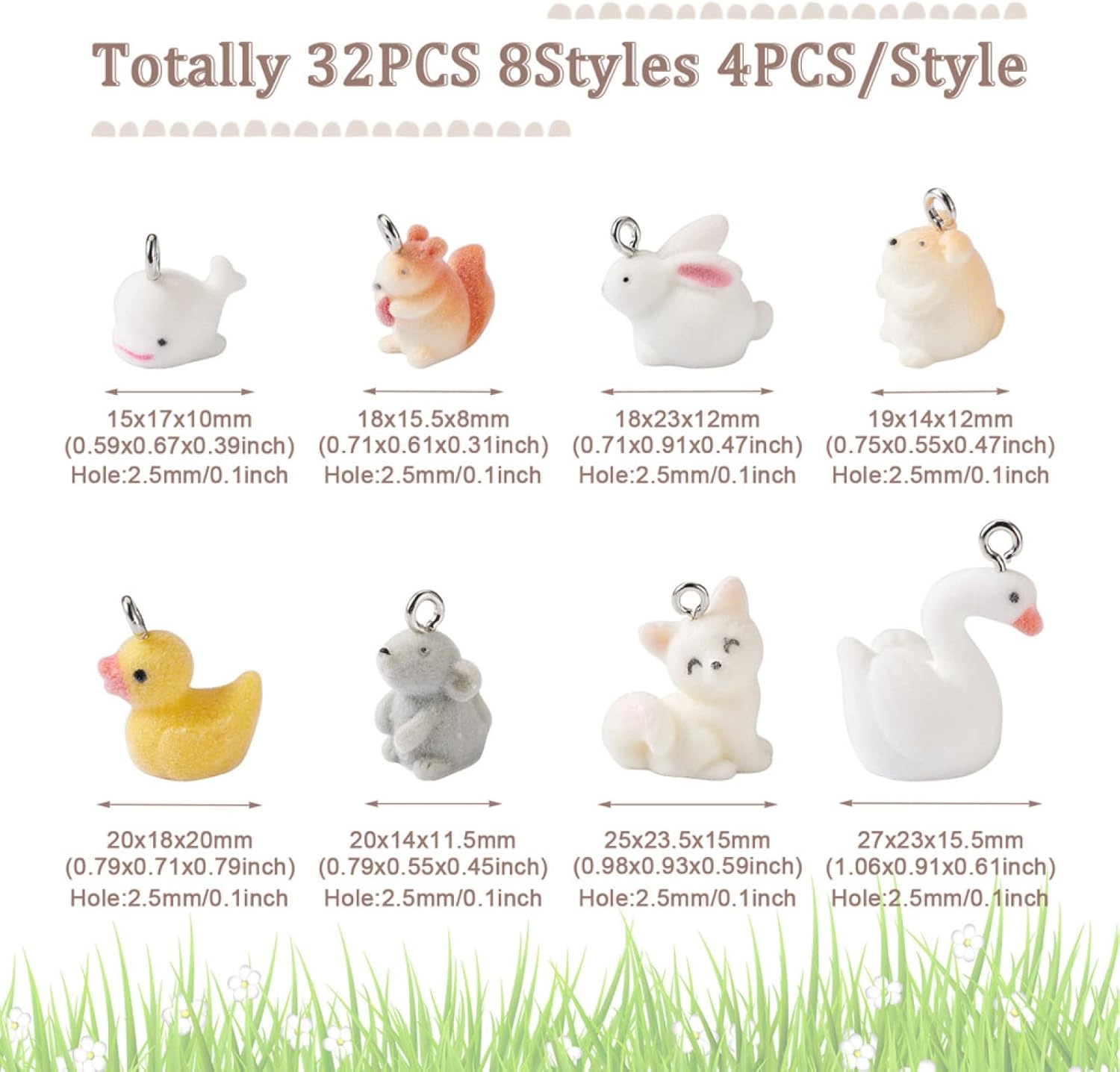 Cheriswelry 32Pcs8 Styles Resin Animal Pendants Flocky Resin Duck Rabbit Squirrel Dangle Charms with Alloy Findings 18-27mm for DIY Jewelry Necklace Earring Making - Image 2