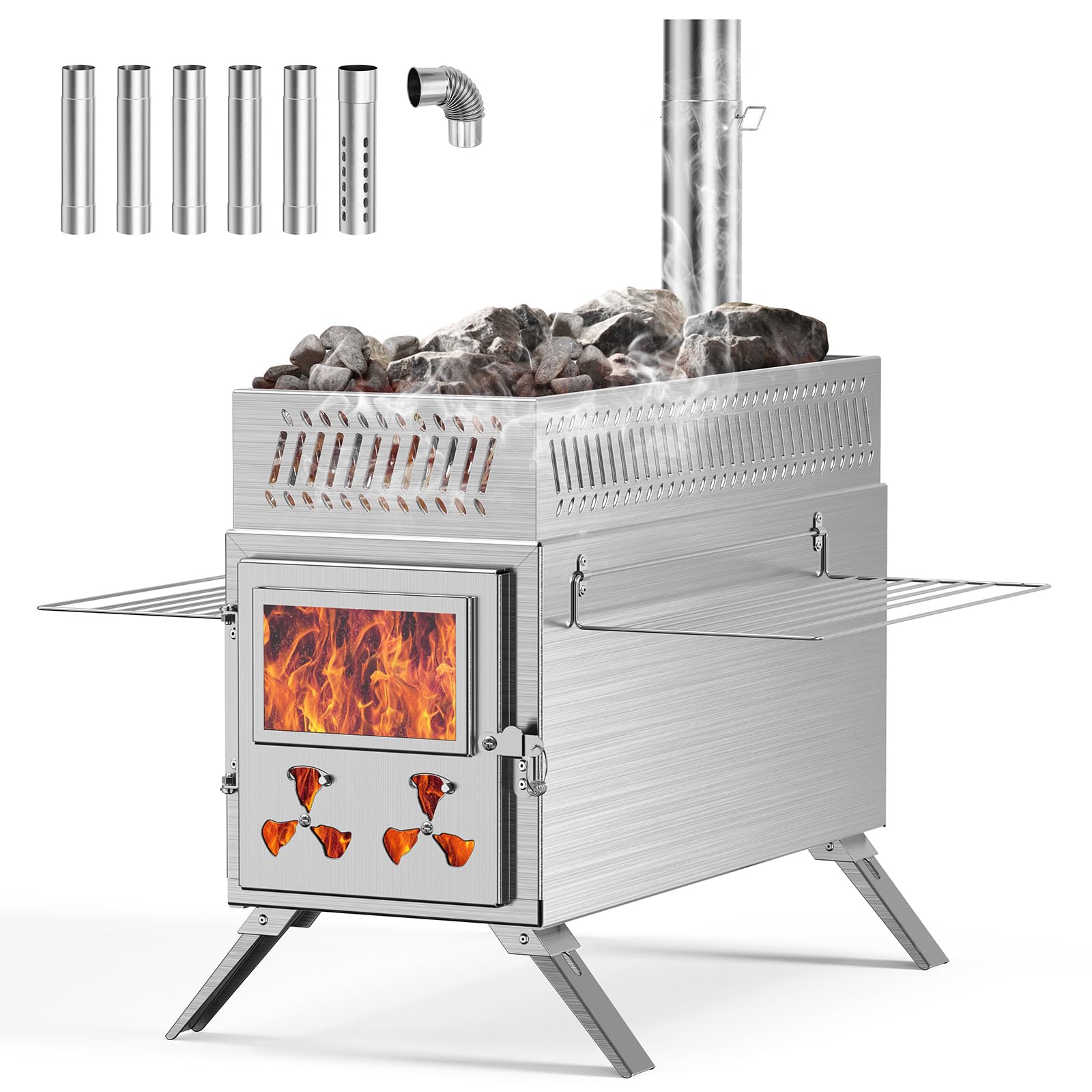 Four de tente de camping avec cheminée, poêle à bois en acier inoxydable pour tente, portable et pliable avec 7 tuyaux de cheminée pour extérieur, camping, cuisine, barbecue, randonnée, pêche, chasse