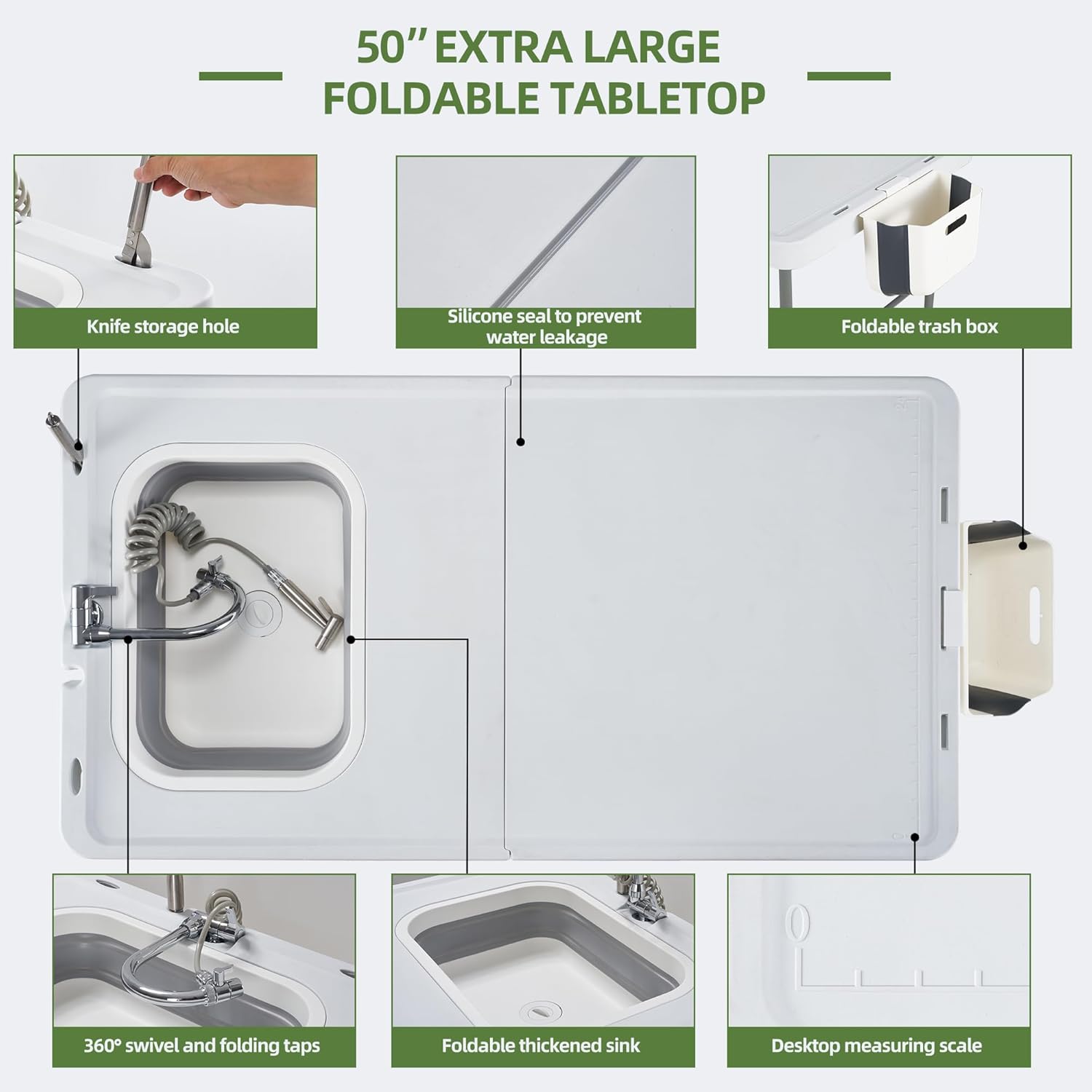 AHB 50" Folding Outdoor Fish Cleaning Table with Sink, Camping Kitchen Station Collapsible Faucet & Stainless Sprayer with 4pcs Fish Cleaning Kit for Camping, Picnic, Beach & Patio
