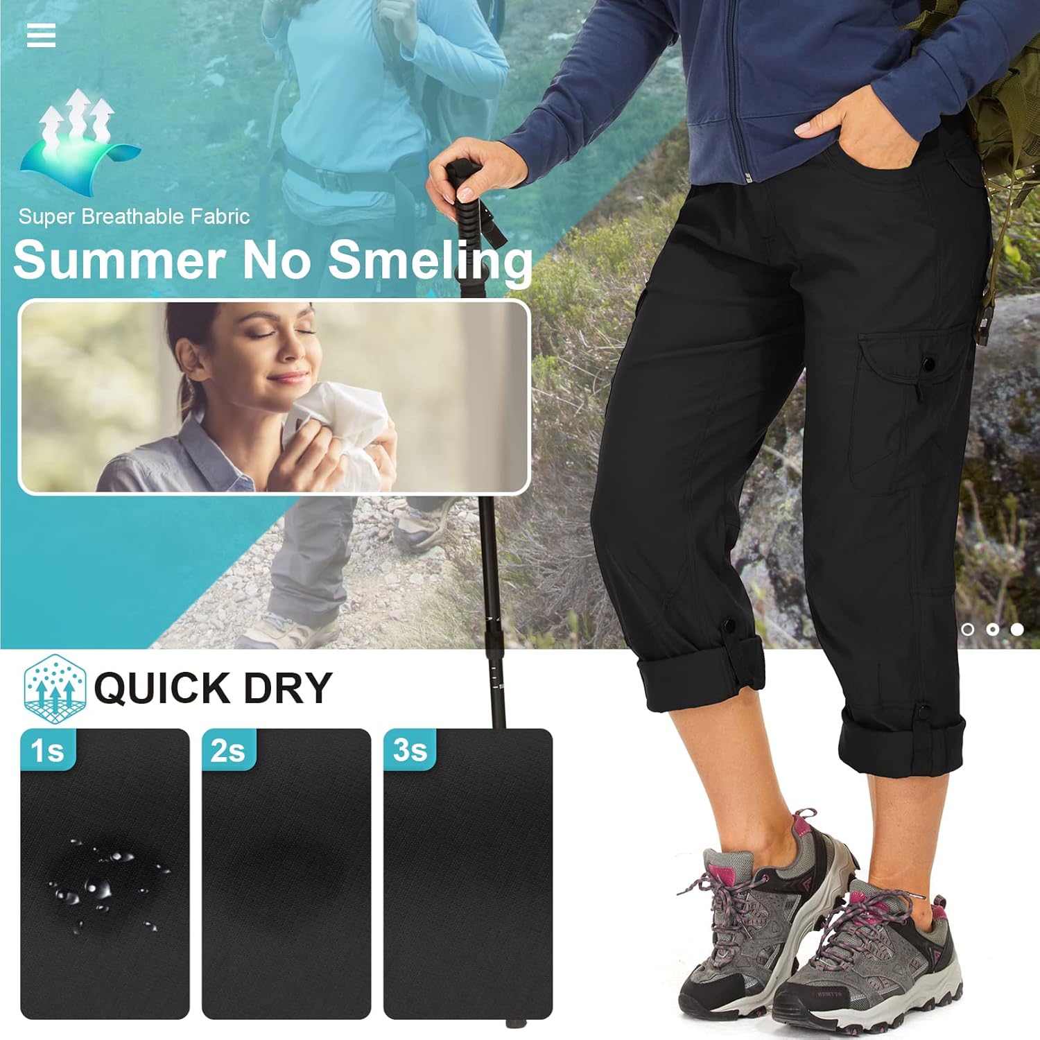 Toomett Women's Hiking Cargo Pants Convertible Quick Dry UPF50+ Waterproof Capri Fishing Safari Travel Pants - Image 6