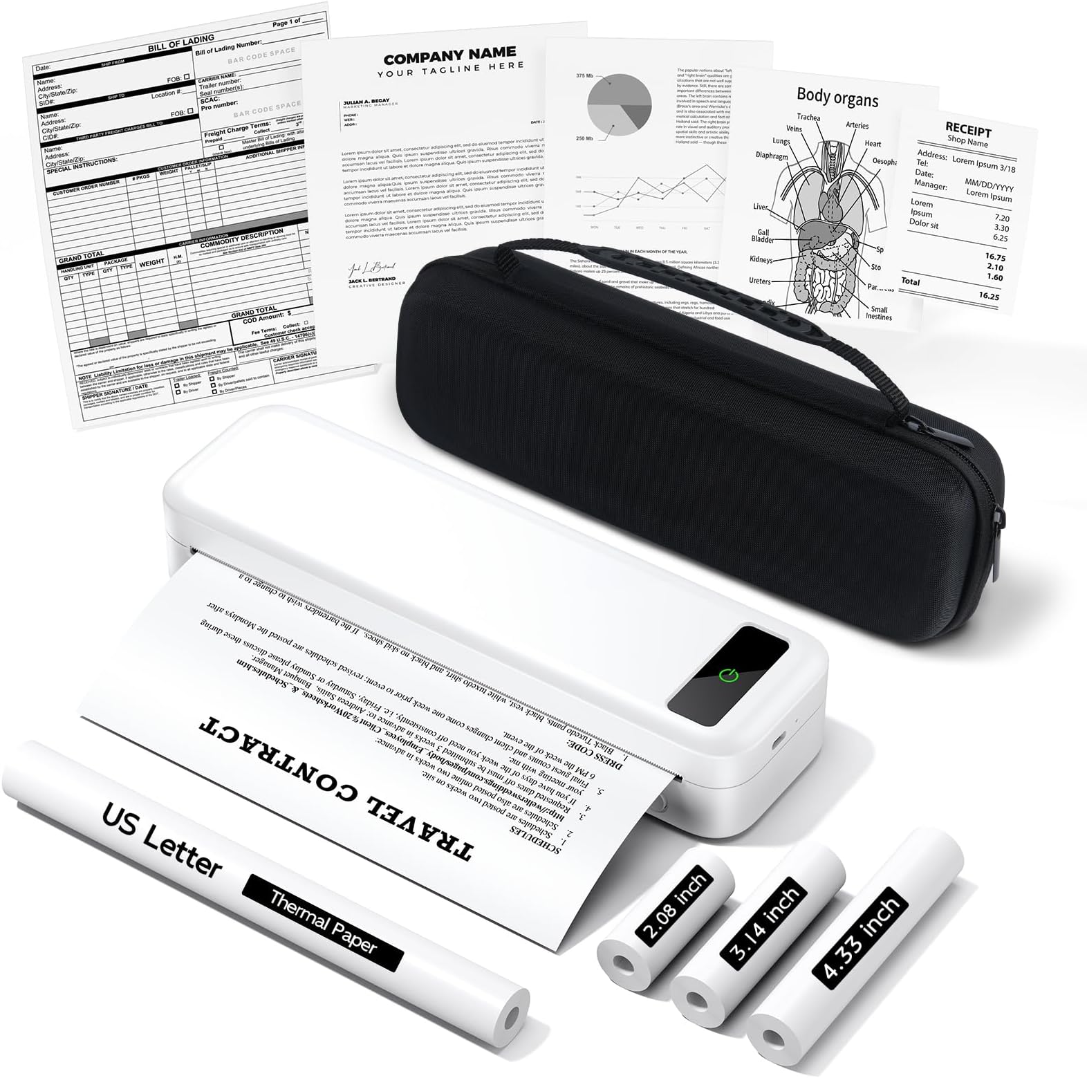 Portable Printers Wireless for Travel, A285M Bluetooth Inkless Thermal Printer, Support 8.5" X 11" US Letter & A4, Small Mobile Printer with Carry Case and 4 Rolls Thermal Paper, for Home Car Receipt