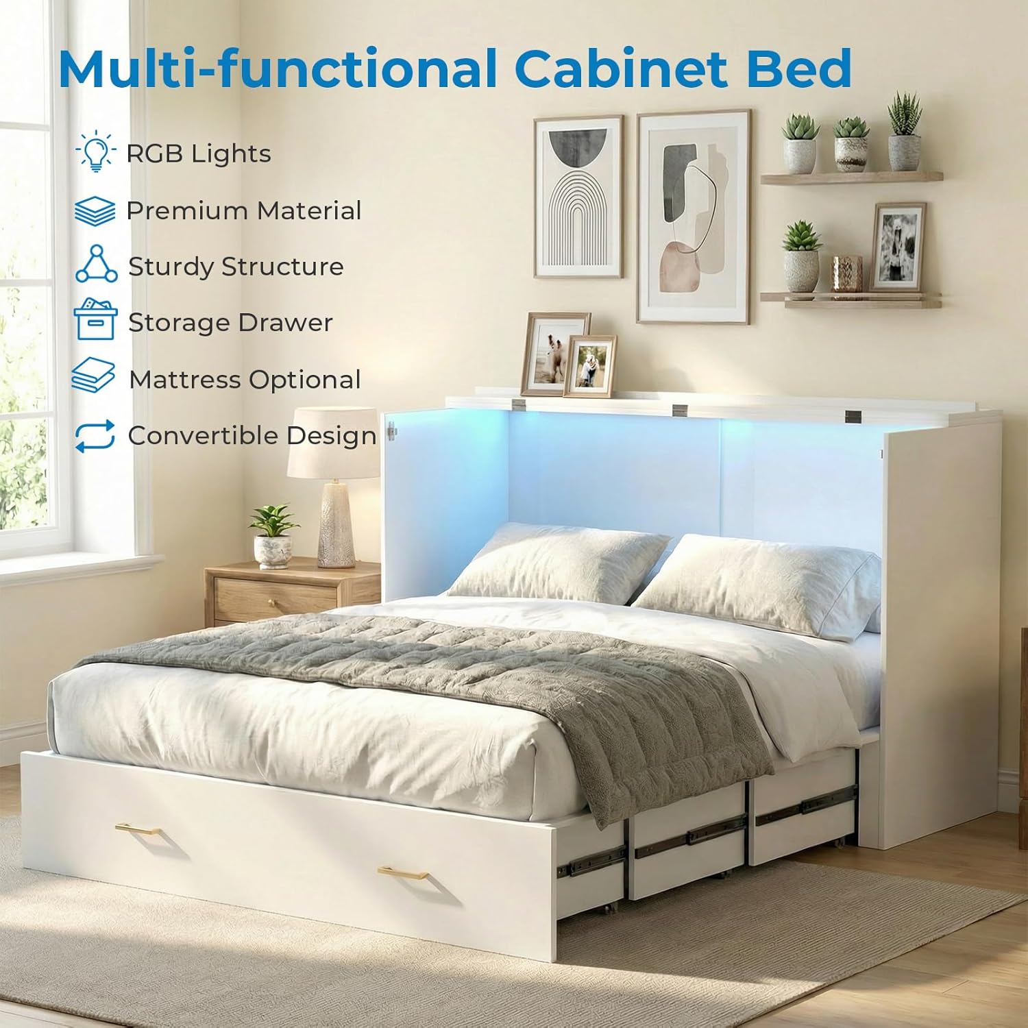 Mjkone Queen Size Murphy Cabinet Bed with RGB LED Lights, High Gloss MDF Murphy Beds with Tri-Folding Mattress Included, Convertible Chest Cabinet Bed with Storage Drawers for Small Spaces, White