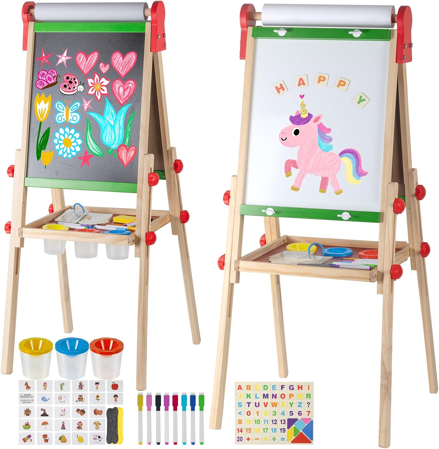 Kids Art Easel with Paper Roll for Toddlers, Adjustable Double Sided Magnetic Drawing Board Dry Erase Whiteboard & Chalkboard，Easel for Toddlers 2-4 Years Painting Wooden Easel Kids 4-8