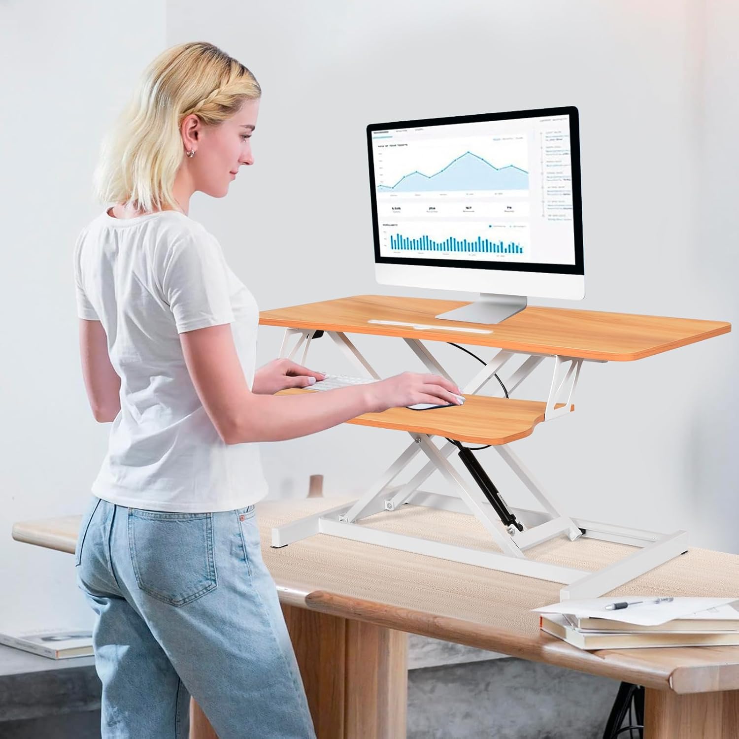 Standing Desk Converter 37 Inch – Height Adjustable Sit Stand Desk Riser with Pneumatic Spring Lift, Duals Monitor Laptop Workstation, Ergonomic Riser with Wide Keyboard Tray for Home Offices (Wood)