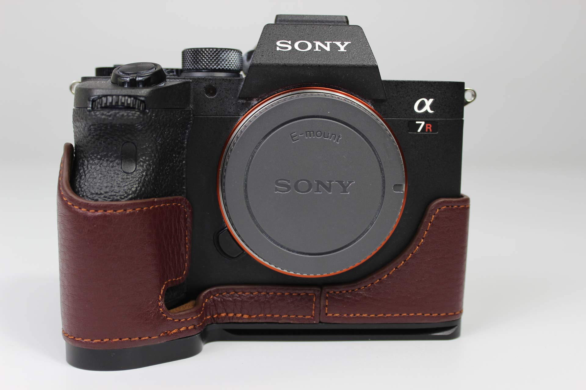 A7R IV Case, BolinUS Handmade Genuine Real Leather Half Camera Case Bag Cover Metal Bracket for Sony A7R IV / A9 II Bottom Opening Version + Hand Strap (Type2, Coffee)
