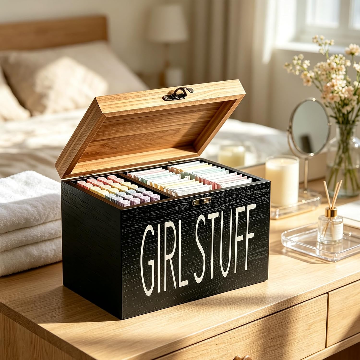 Wood Tampon Holder for Bathroom with Hinged Lid, Feminine Period Product Organizer, Girl Stuff Wooden Storage Box, Bathroom & Vanity Counter Organizer, Tampon Pad Container, Ideal Gift for Girl
