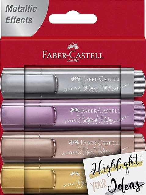 Faber-Castell 154640 zestaw zakreślaczy TL 46, 4 sztuki, metaliczne kolory, z trwałą końcówką klinową, szerokość linii 1 5 mm
