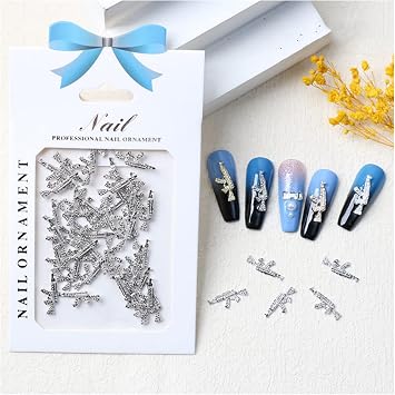 40pcs/Set 3D Alloy Gun Nail Charms, Shiny Diamond Metal Gun Nail Art Charms AK Weapon Nail Charm Rhinestones Gun Charms Nail Jewels for Nail Art Accessories Nail Supplies Silver