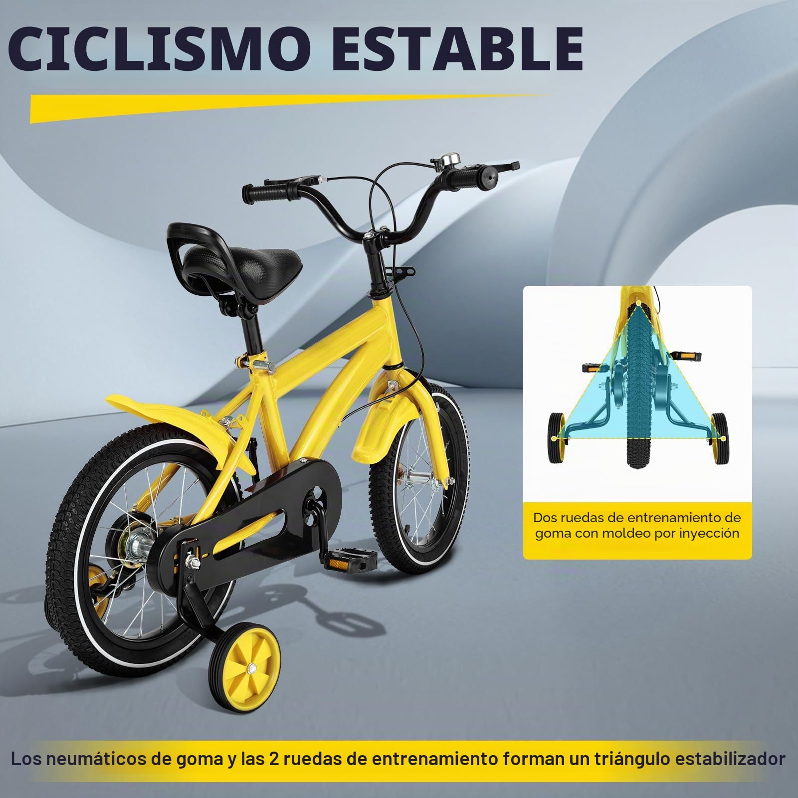 Bicicleta infantil de 14 pulgadas, bicicleta para niños y niñas con ruedas estabilizadoras y sistema de frenado dual, altura ajustable para niños a partir de 3 años para entrenamiento