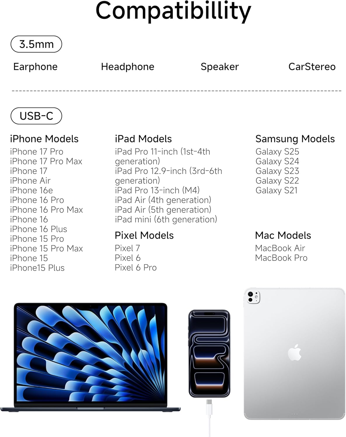 50 Pack USB C to 3.5mm Headphone Jack Adapter for iPhone 17/16/15/Pro Max/Plus, Type C Aux Audio Dongle Cable Cord Compatible with iPad, Samsung Galaxy S25/24/S23/S22/S21, MacBook-White